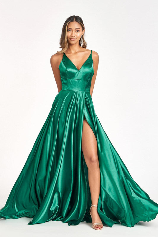 Long Spaghetti Strap Formal Bridesmaid Satin Dress Emerald
