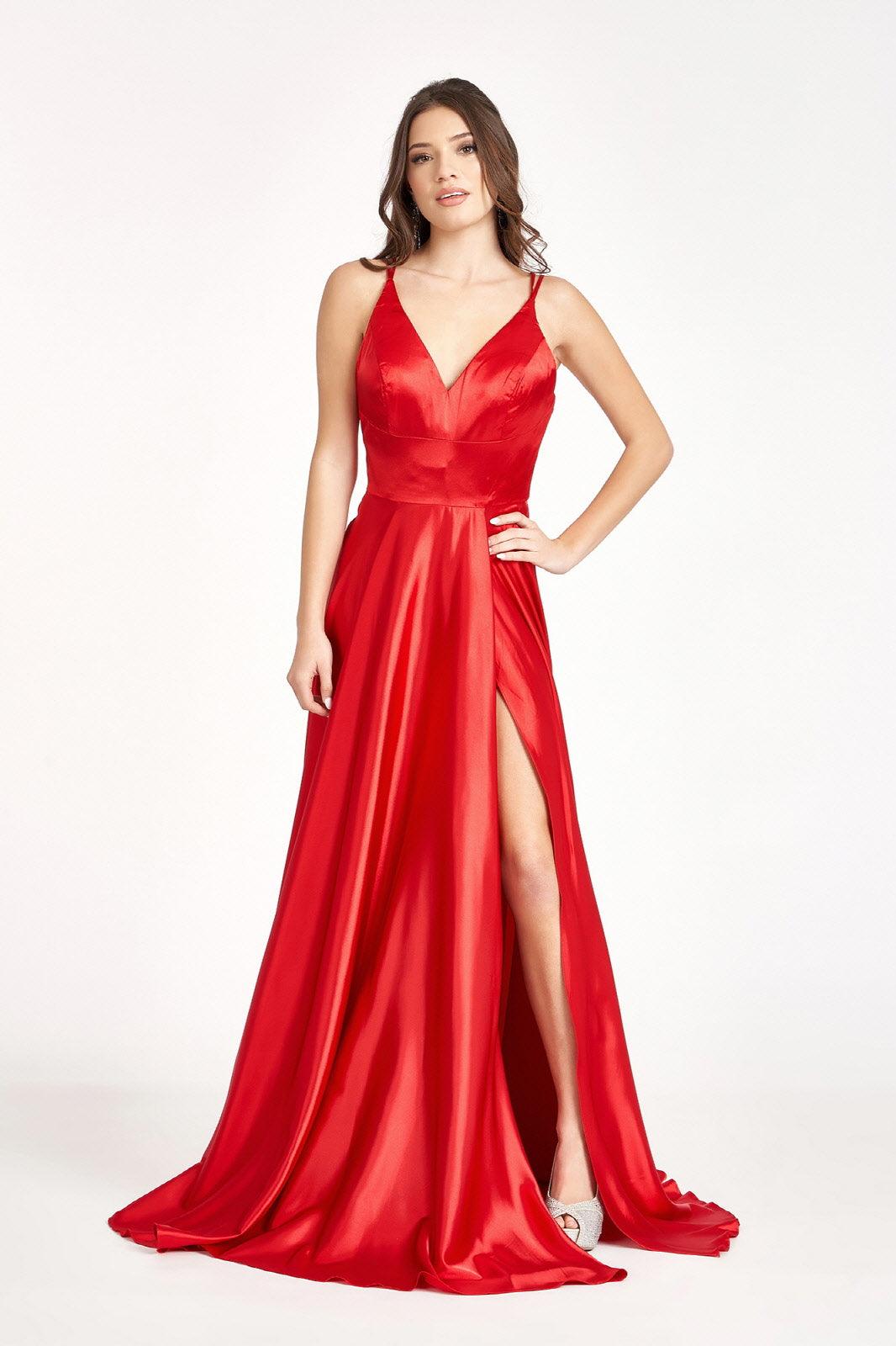 Long Spaghetti Strap Formal Bridesmaid Satin Dress Red