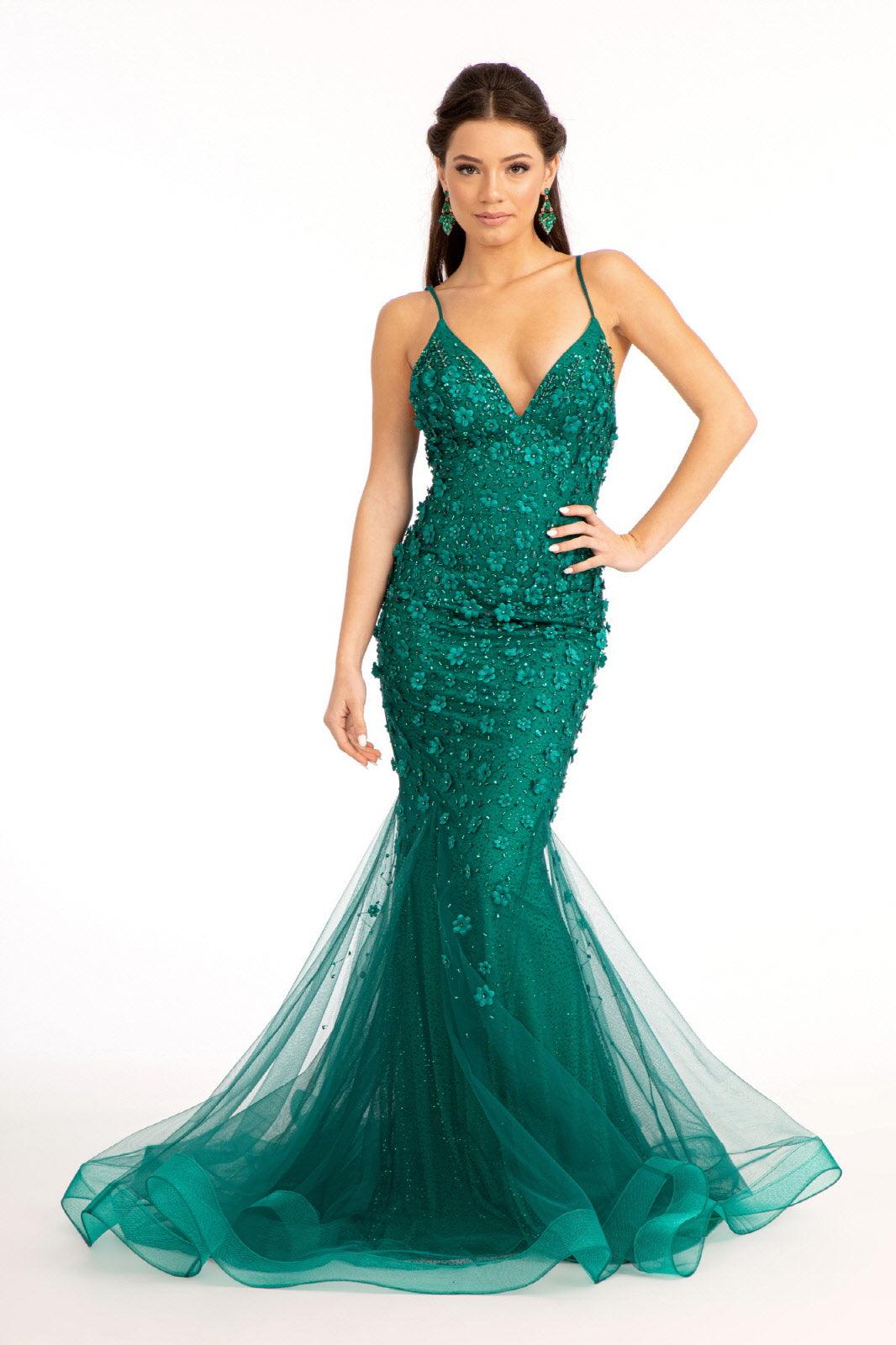 Long Spaghetti Strap Formal Mesh Prom Dress
