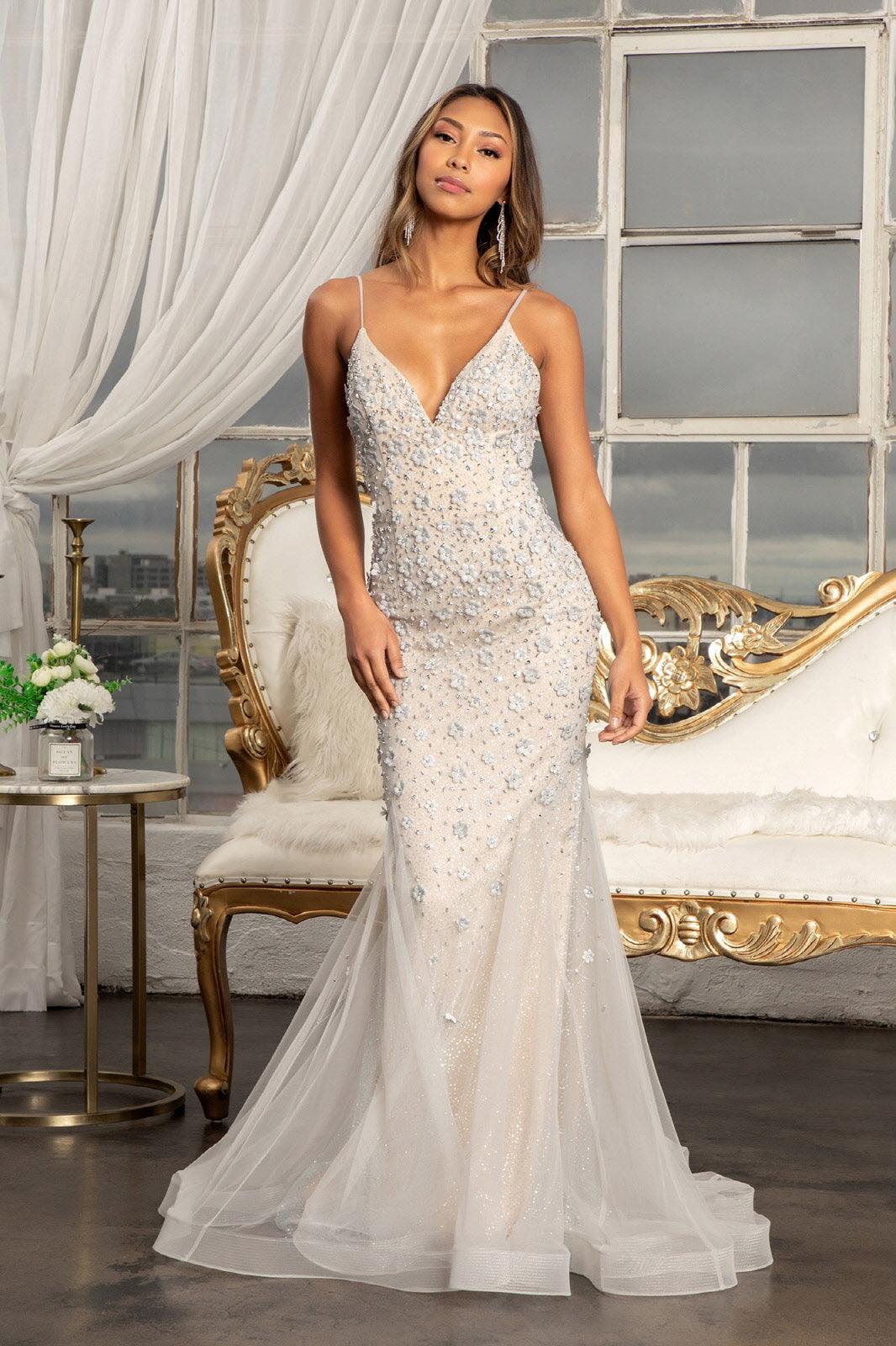 Long Spaghetti Strap Formal Mesh Prom Dress - Grey/Nude / M Long Spaghetti Strap Formal Mesh Prom Dress - Grey/Nude / M