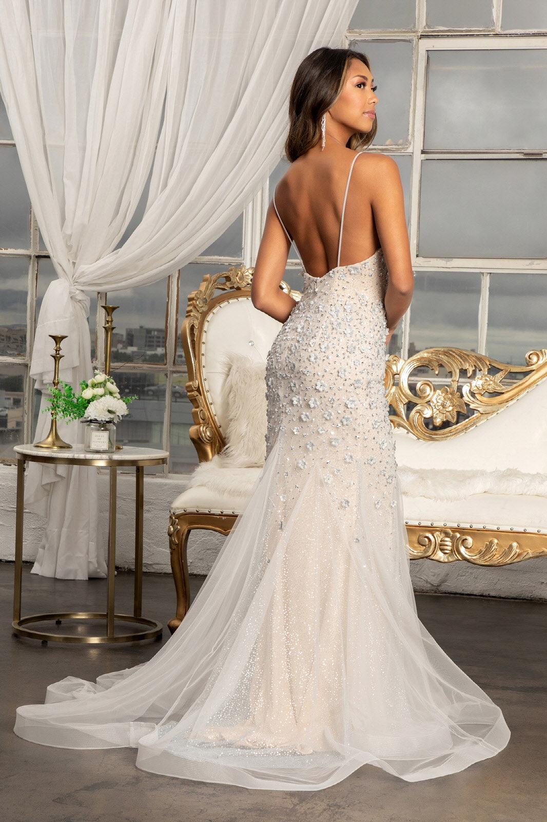 Long Spaghetti Strap Formal Mesh Prom Dress