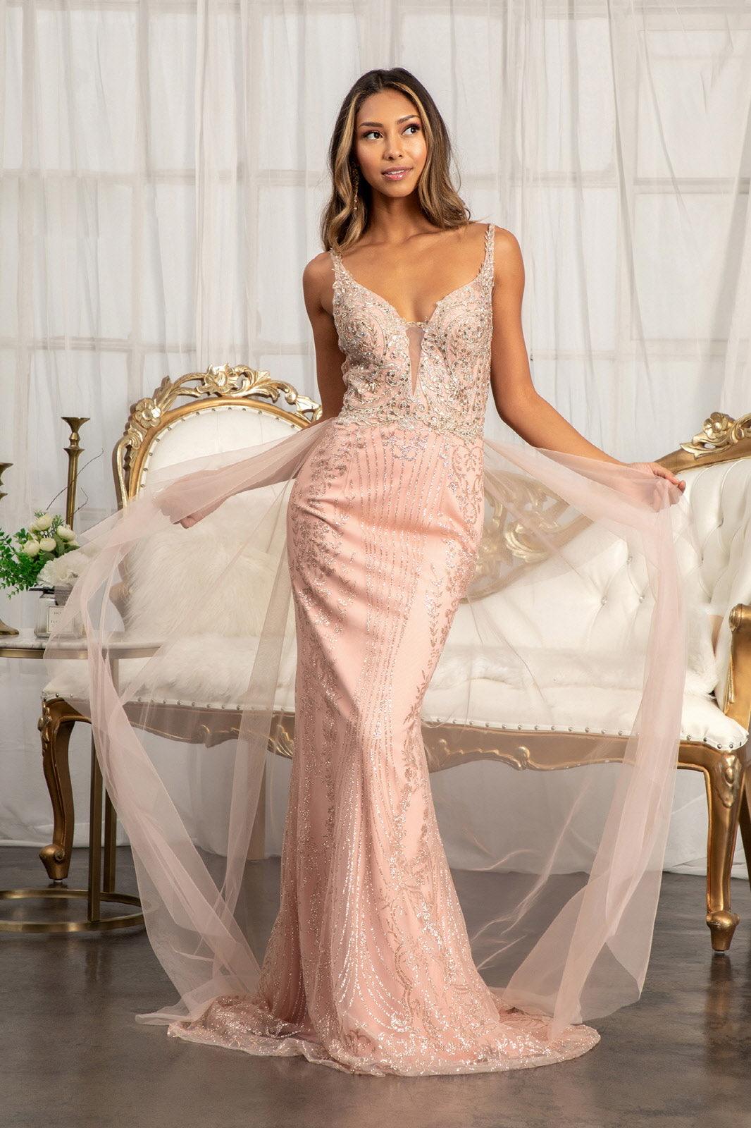Long Spaghetti Strap Mesh Mermaid Prom Dress - Rose Gold / S Long Spaghetti Strap Mesh Mermaid Prom Dress - Rose Gold / S