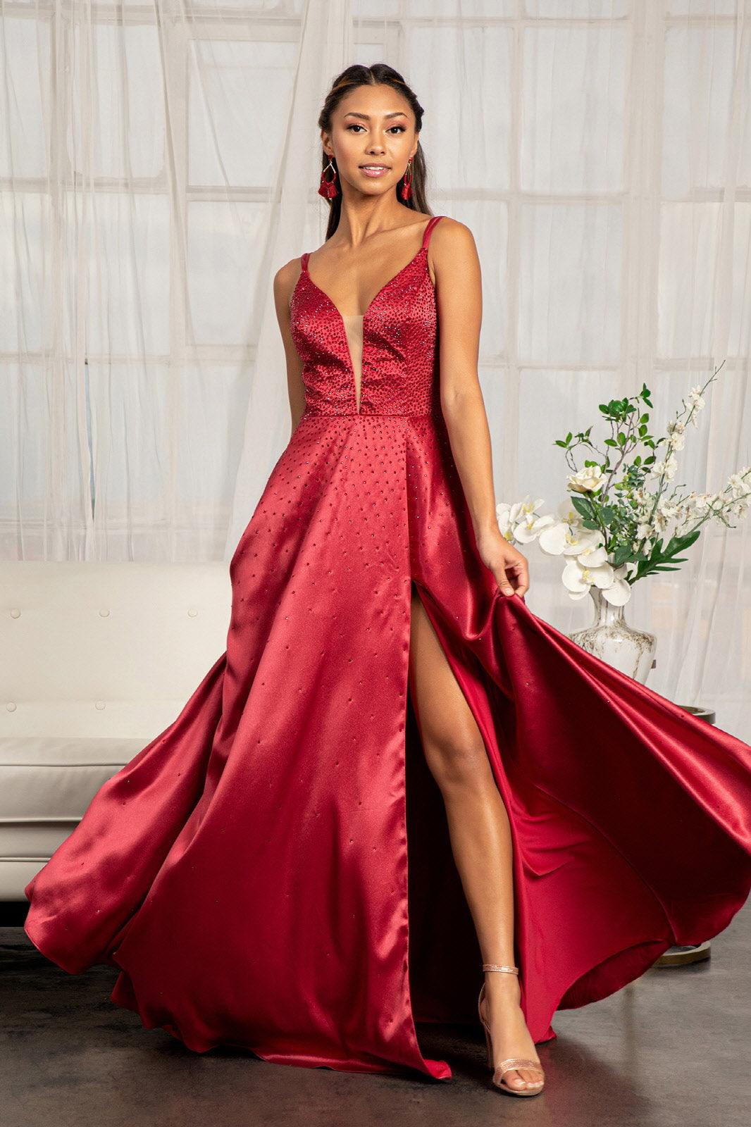 Long Spaghetti Strap Satin A Line Prom Dress