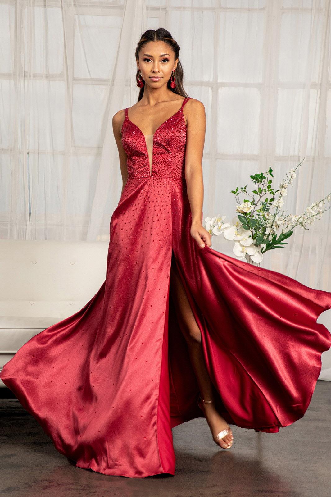 Burgundy Long Spaghetti Strap Satin A Line Prom Dress │ The Dress