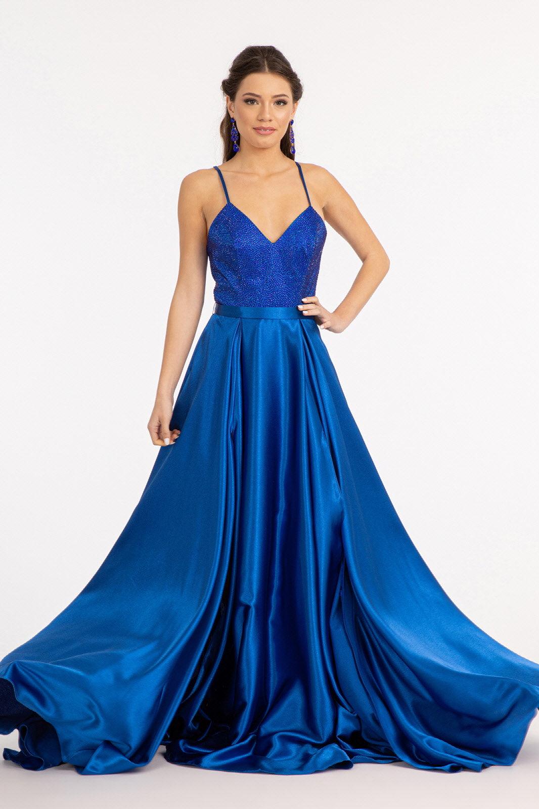 Long Spaghetti Strap Satin Prom Formal Gown