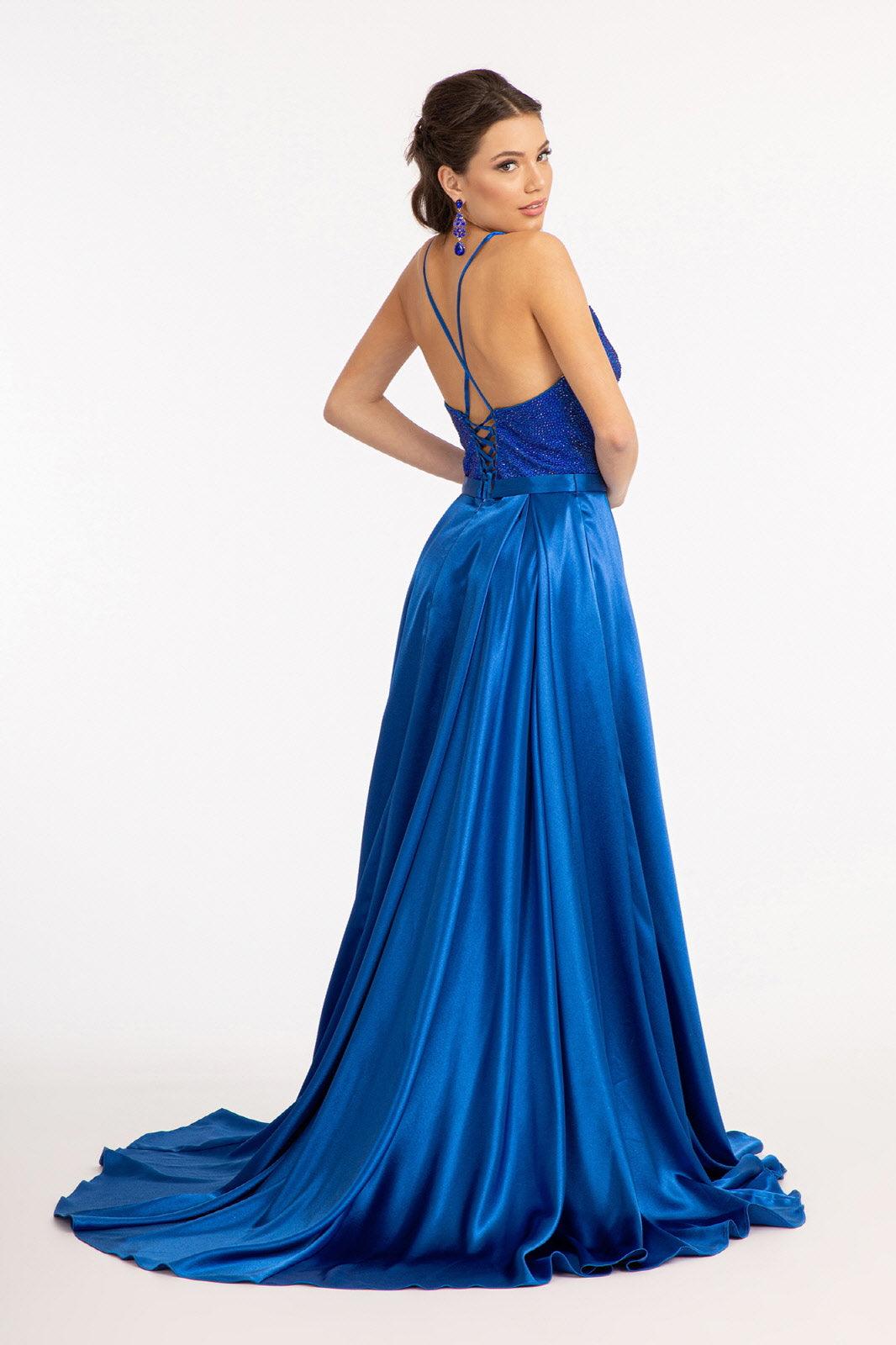 Long Spaghetti Strap Satin Prom Formal Gown