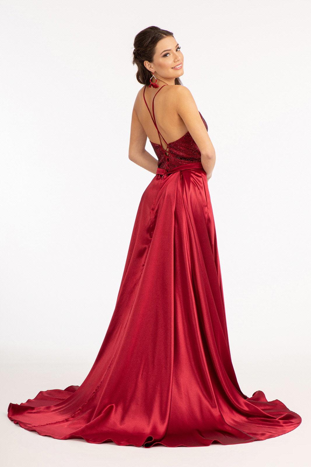 Long Spaghetti Strap Satin Prom Formal Gown
