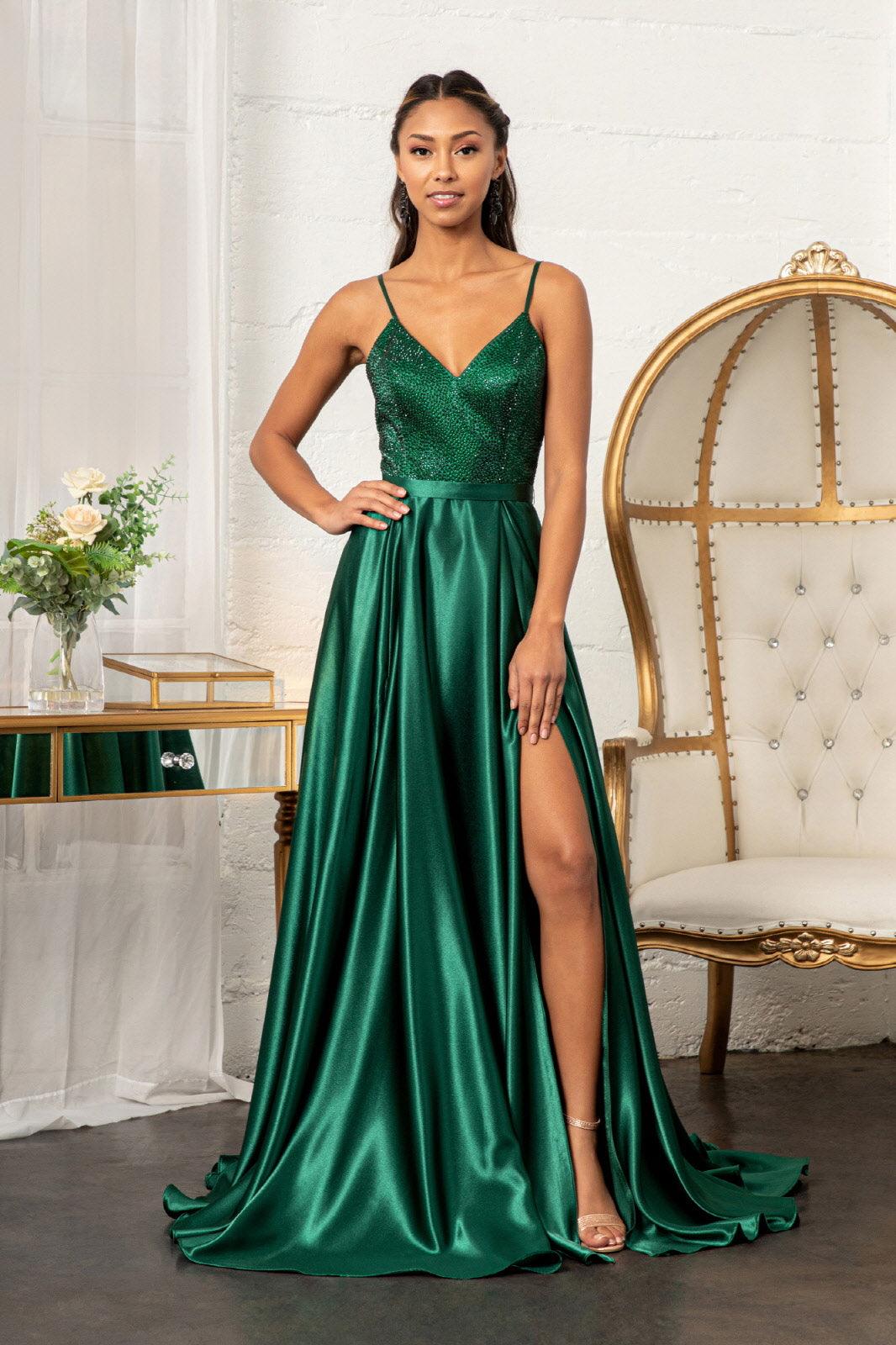 Long Spaghetti Strap Satin Prom Formal Gown
