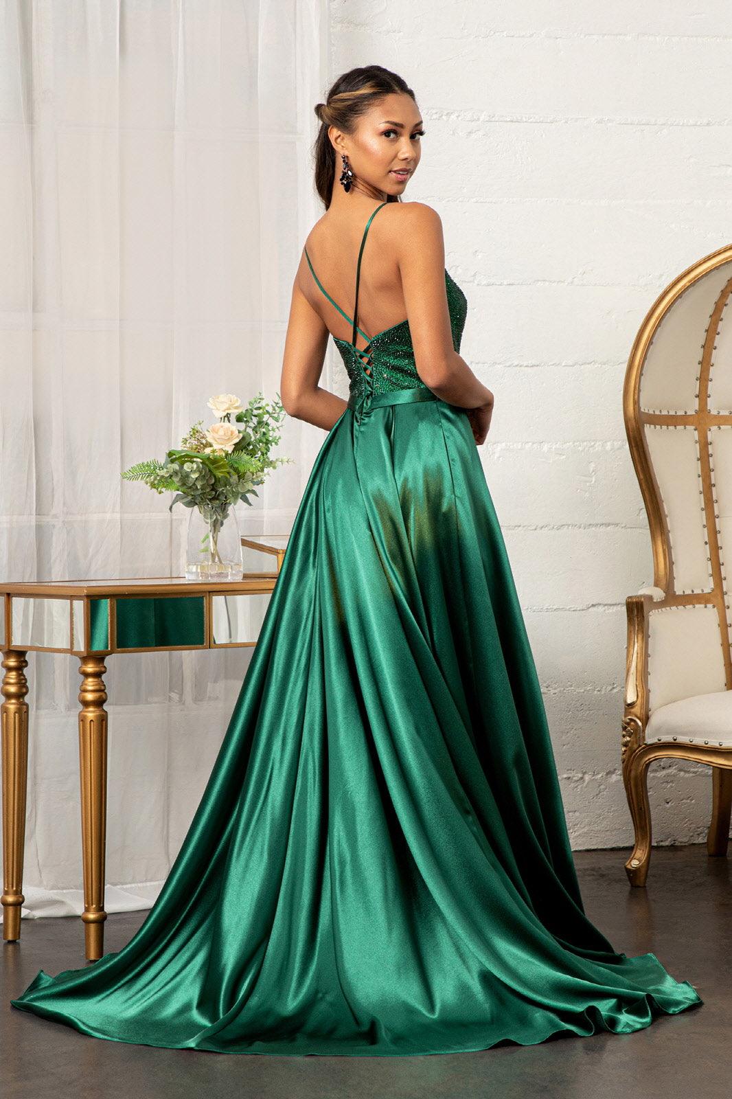 Long Spaghetti Strap Satin Prom Formal Gown