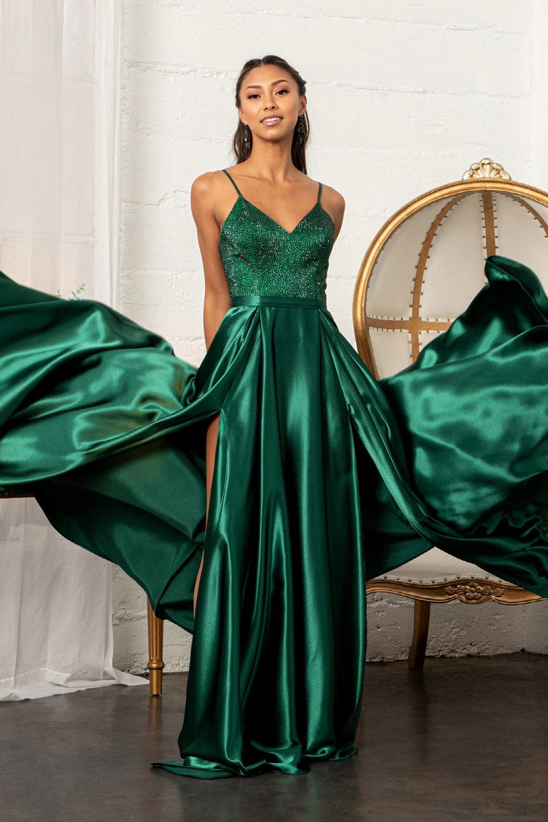 Long Spaghetti Strap Satin Prom Formal Gown