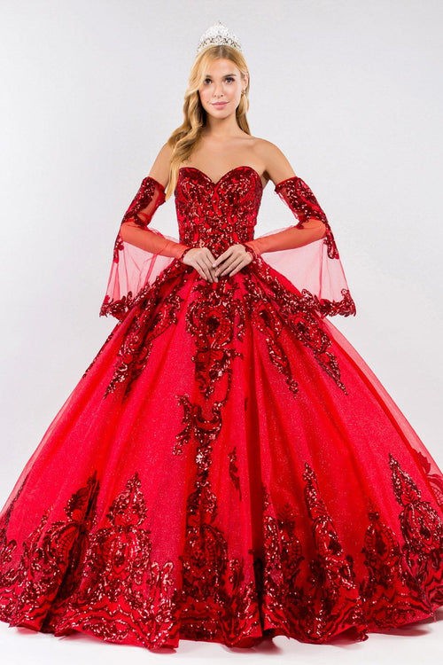 GLS Long Strapless Ball Gown Mesh Quinceanera Dress Red L