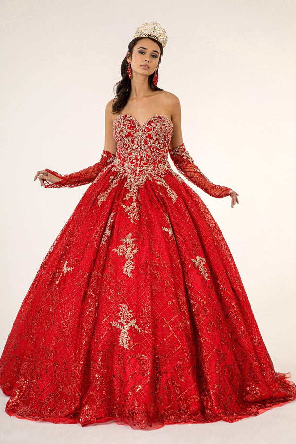 Long Strapless Quinceanera Glitter Mesh Ball Gown