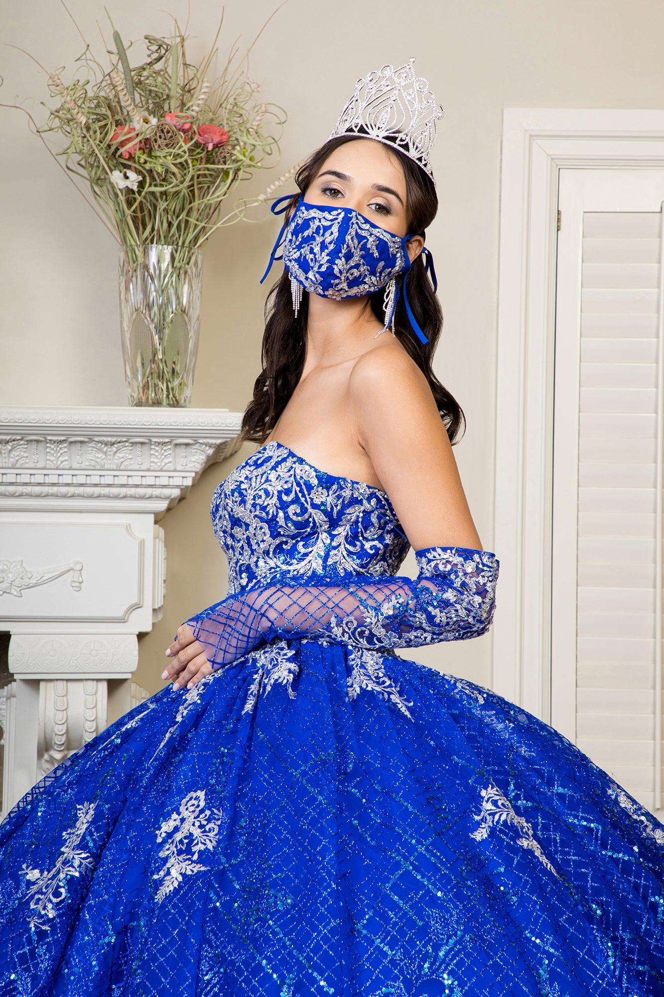 Long Strapless Quinceanera Glitter Mesh Ball Gown