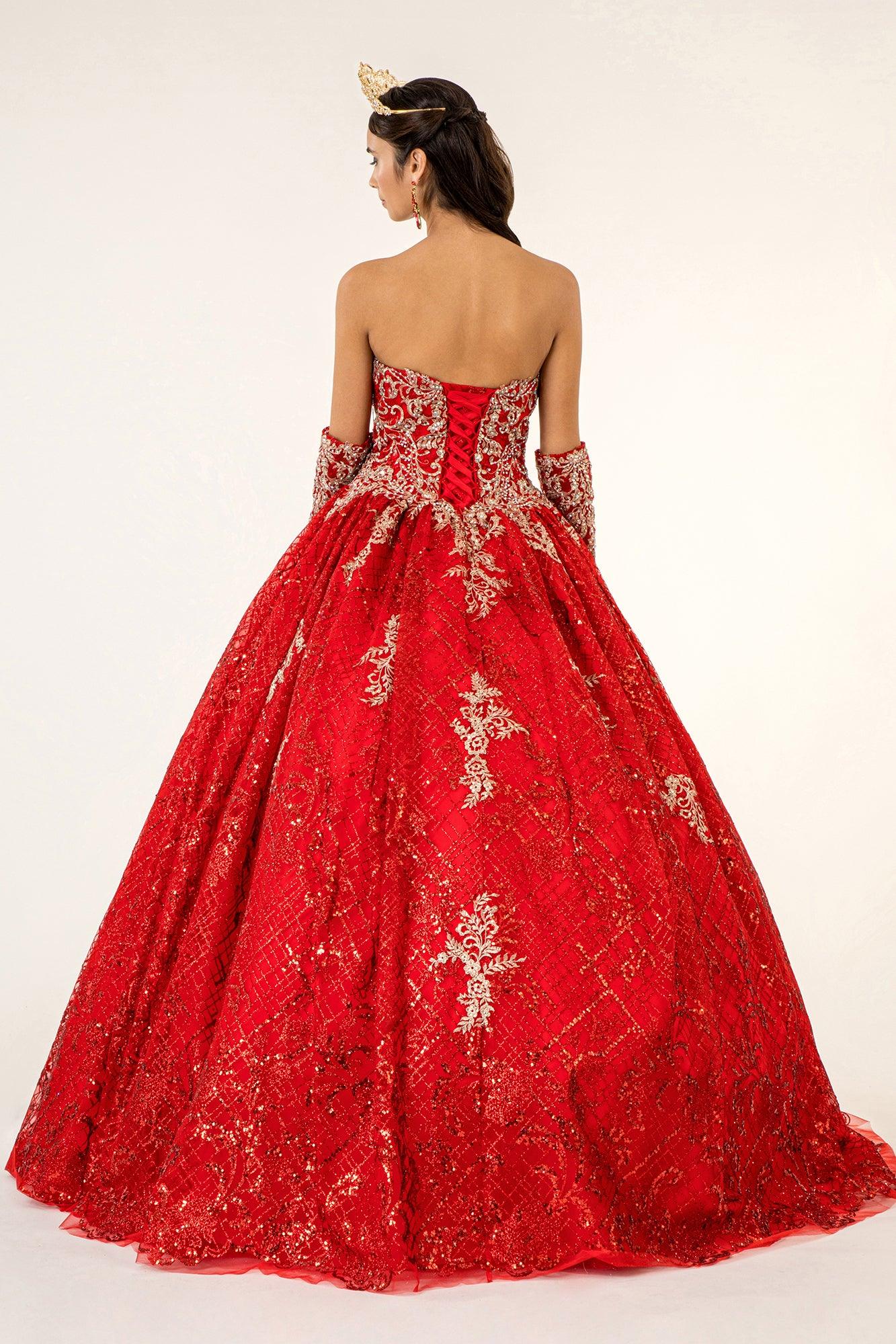 Long Strapless Quinceanera Glitter Mesh Ball Gown