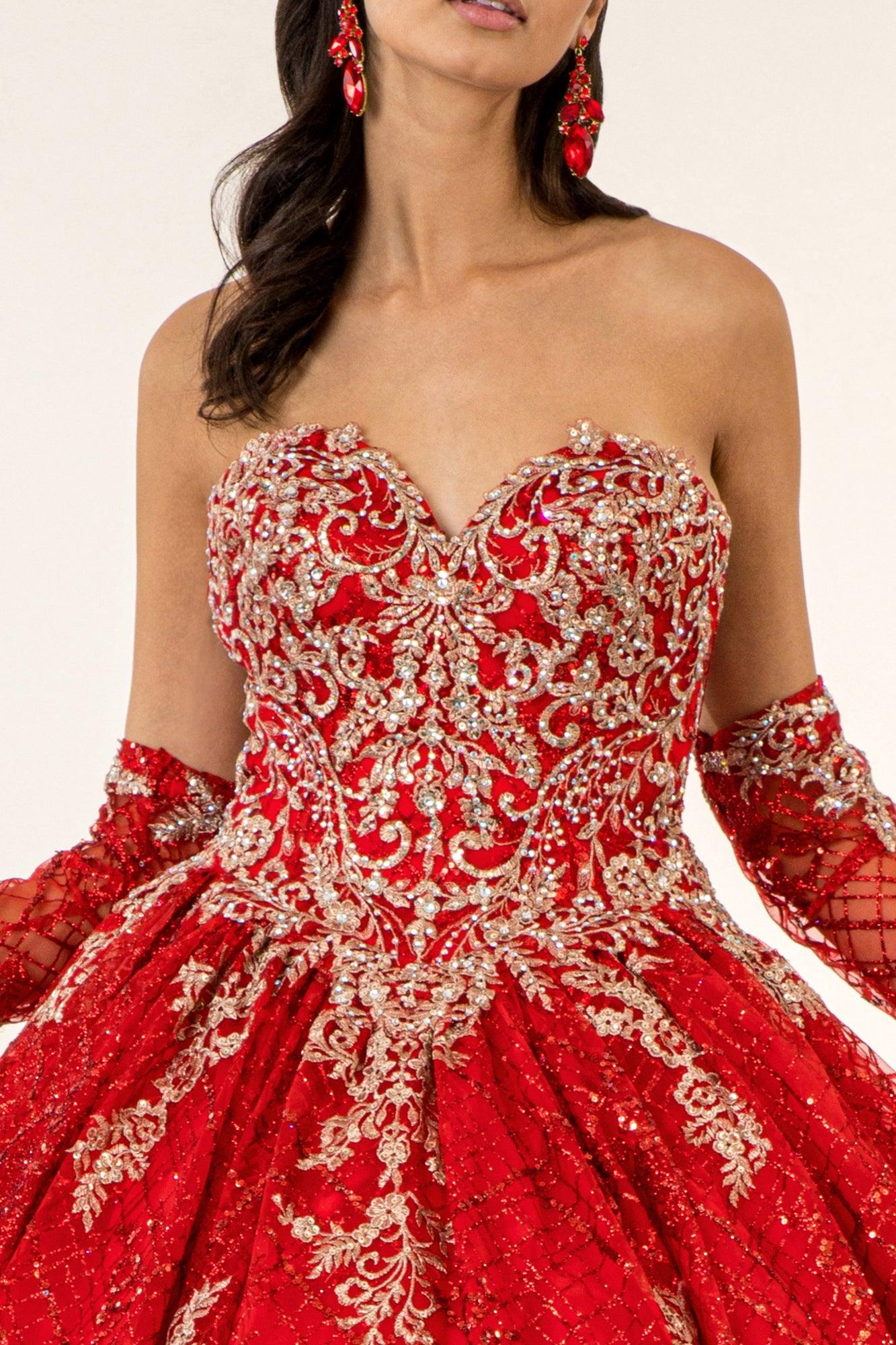 Long Strapless Quinceanera Glitter Mesh Ball Gown