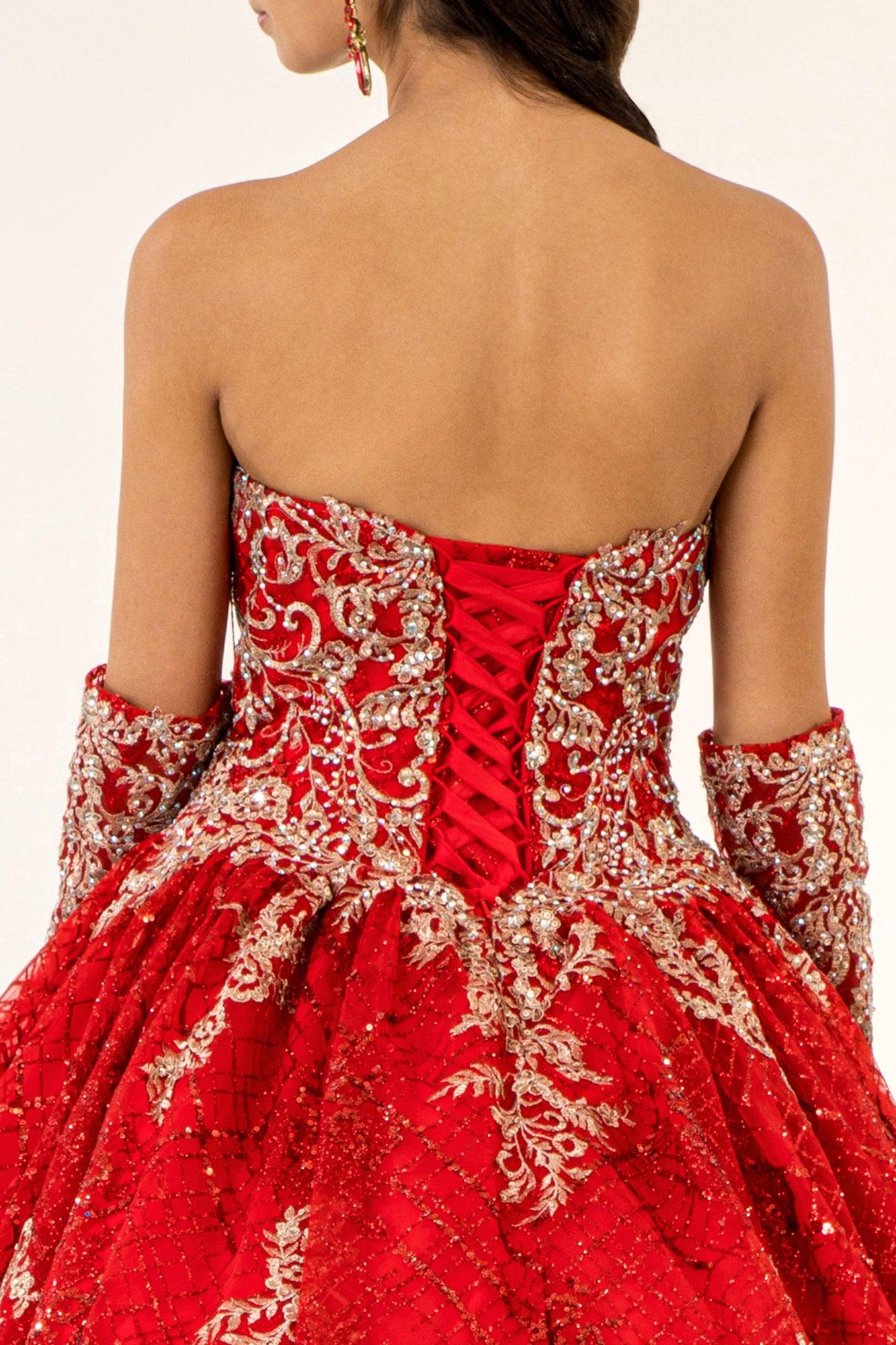 Long Strapless Quinceanera Glitter Mesh Ball Gown