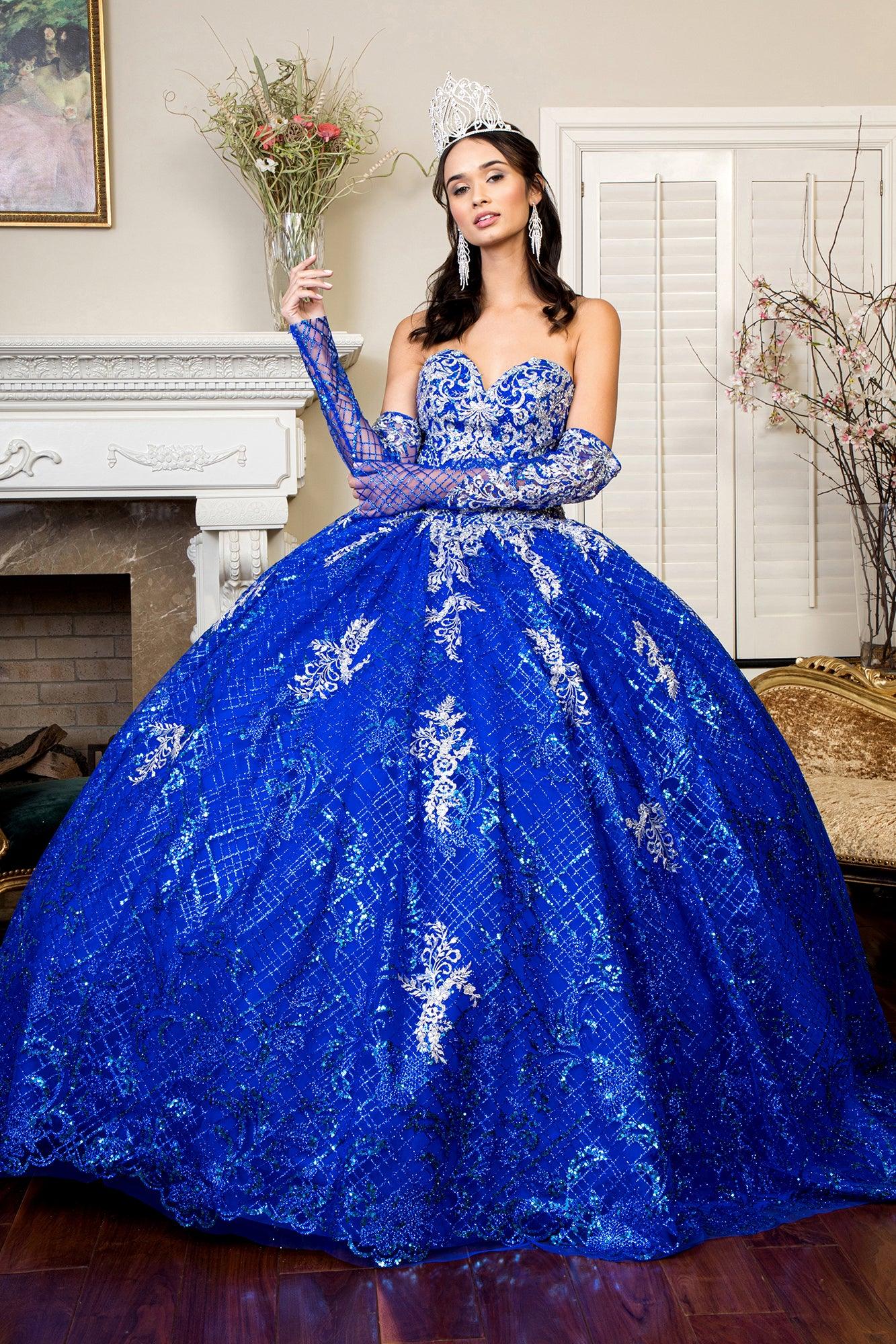 Long Strapless Quinceanera Glitter Mesh Ball Gown