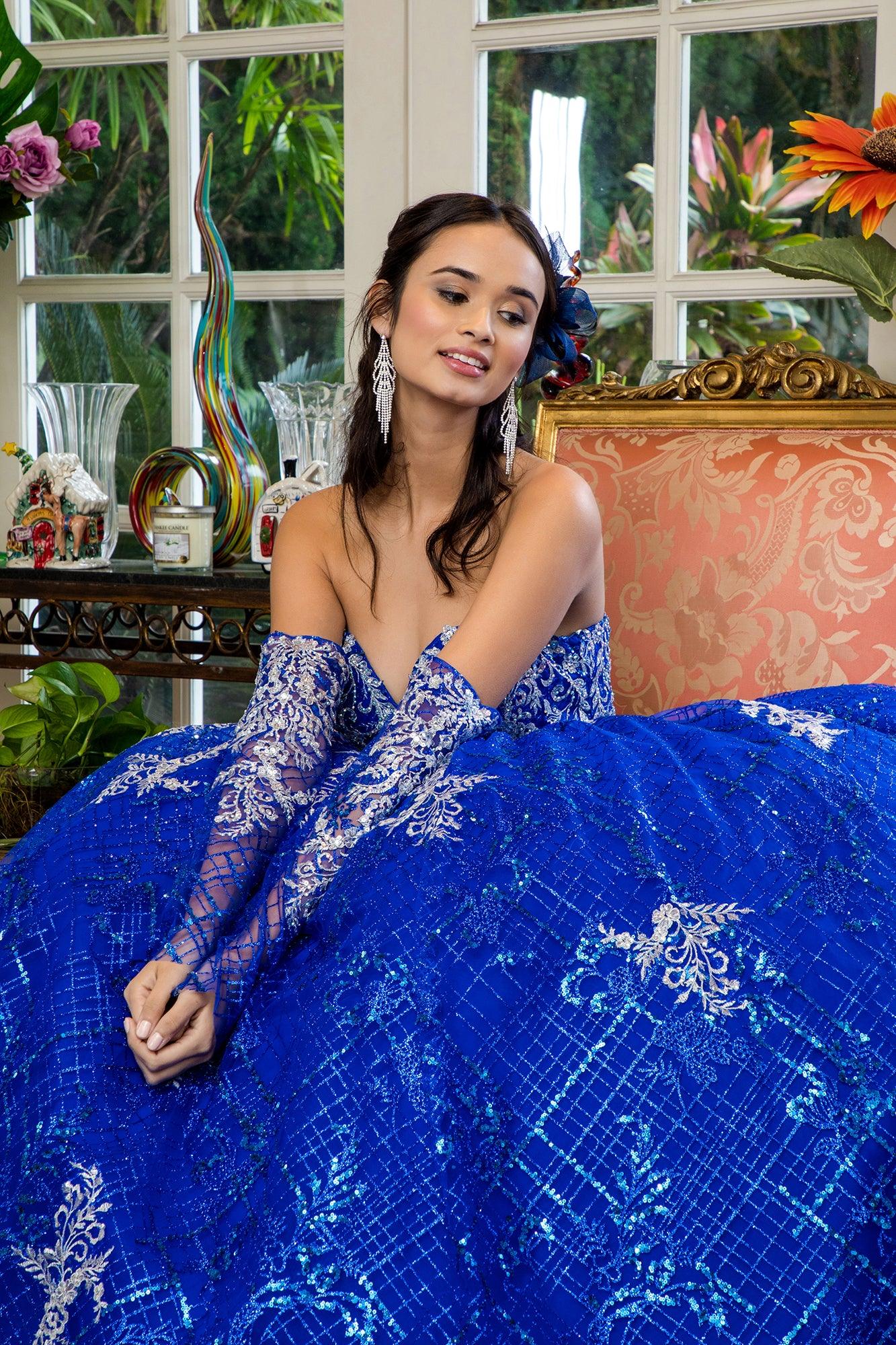 Long Strapless Quinceanera Glitter Mesh Ball Gown