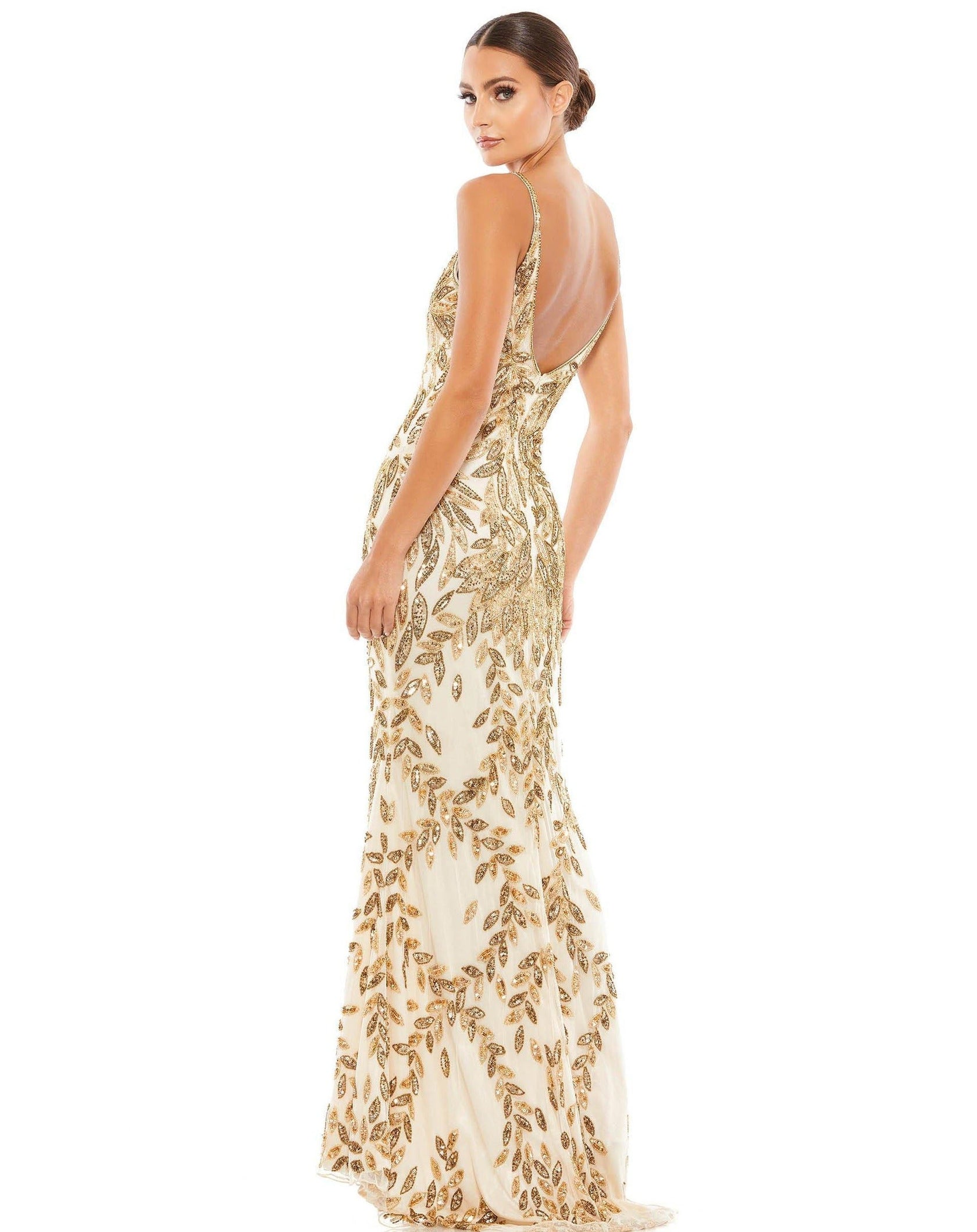 Burgundy Mac Duggal 5107 Embellished Gold Leaf Evening Gown for $249.0 ...