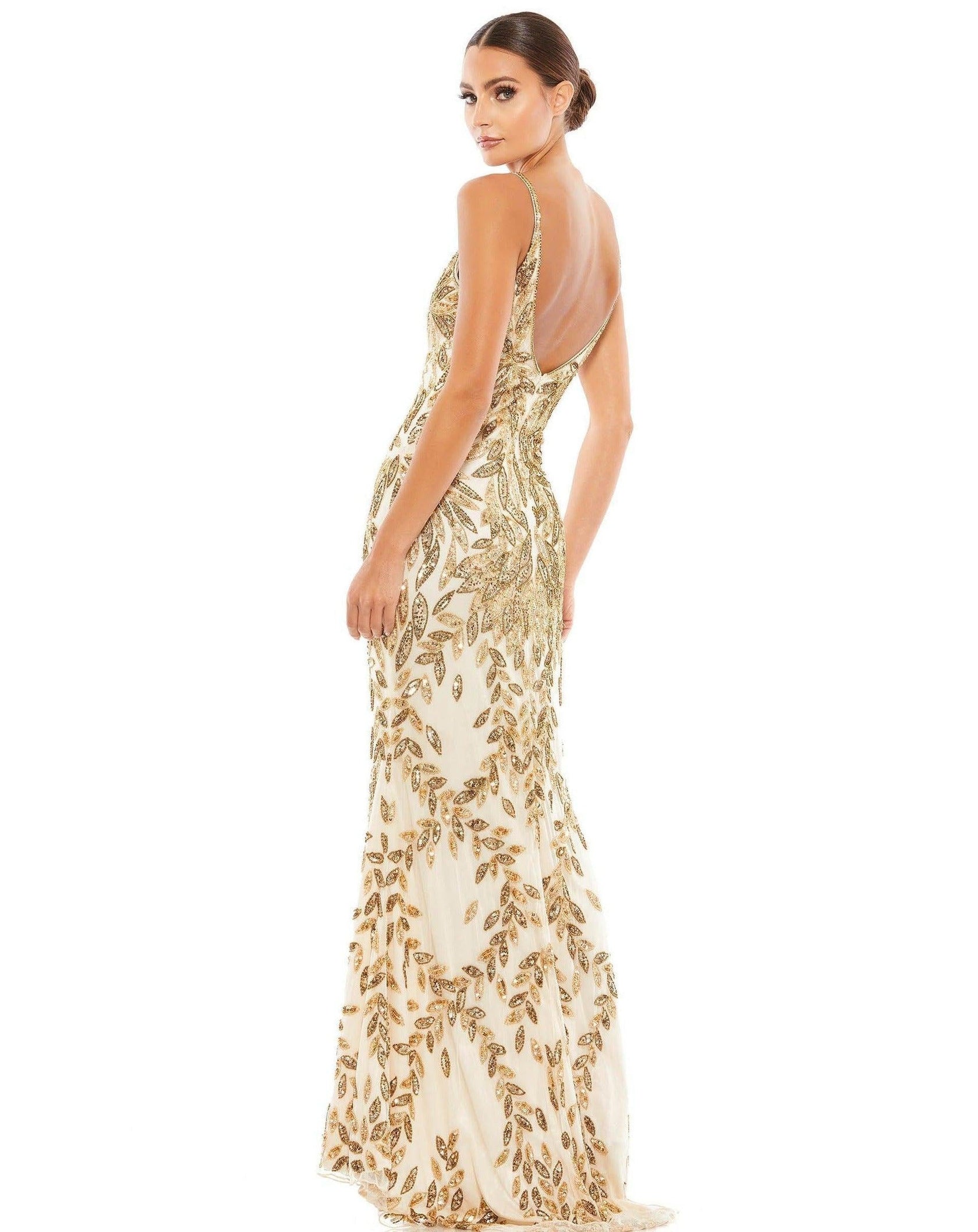 Nude/Gold Mac Duggal Embellished Gold Leaf Evening Gown Sale for $165. ...