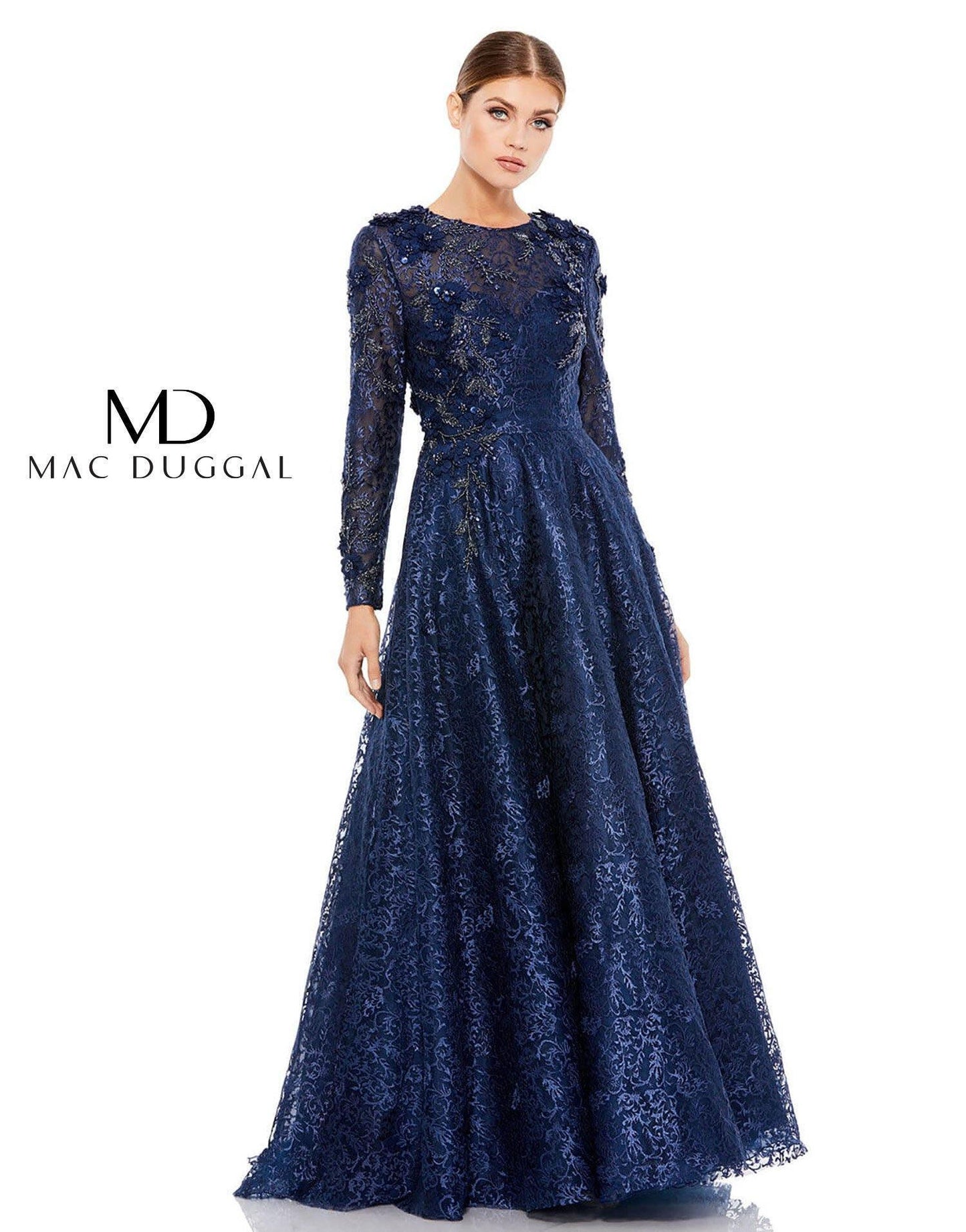 Mac Duggal Embroidered Long Sleeve A Line Ball Gown - The Dress Outlet