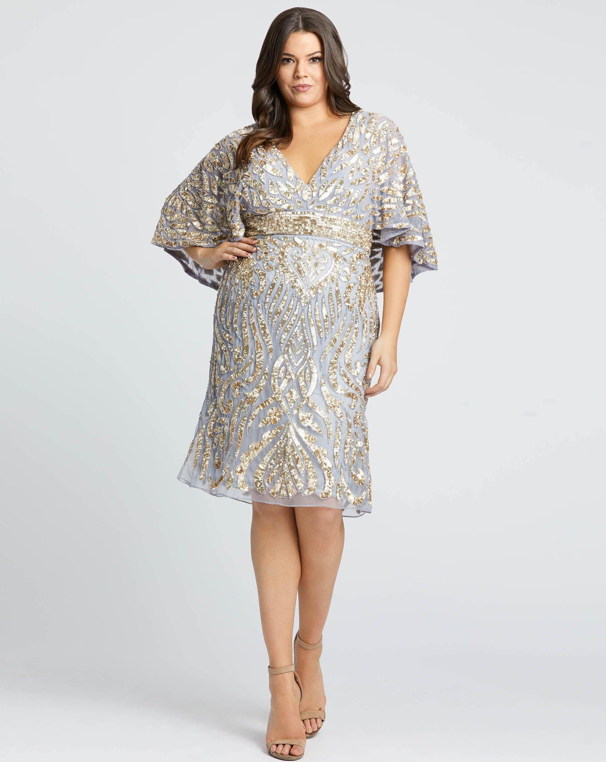 sequin capelet sleeve plus size sheath dress NWT Mac Duggal Sequin Cape Sleeve Gown Amethyst Purple 16W Beaded Formal Dress