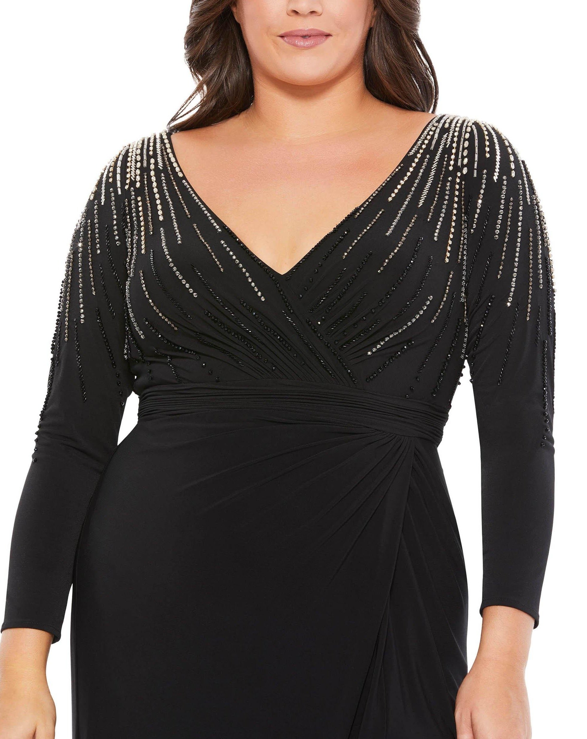Mac Duggal Plus Size Formal Gown with V-Neckline and High Slit 67739 - The Dress Outlet
