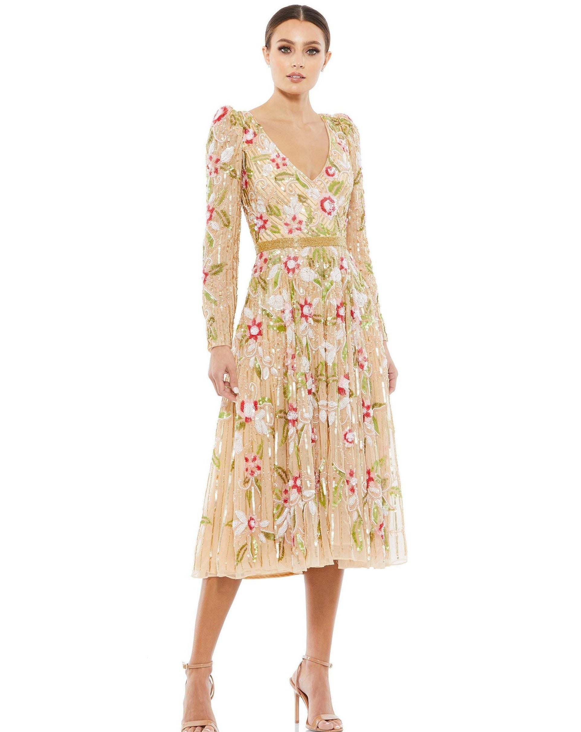Mac Duggal Floral Long Sleeve Short Dress 5415 - The Dress Outlet