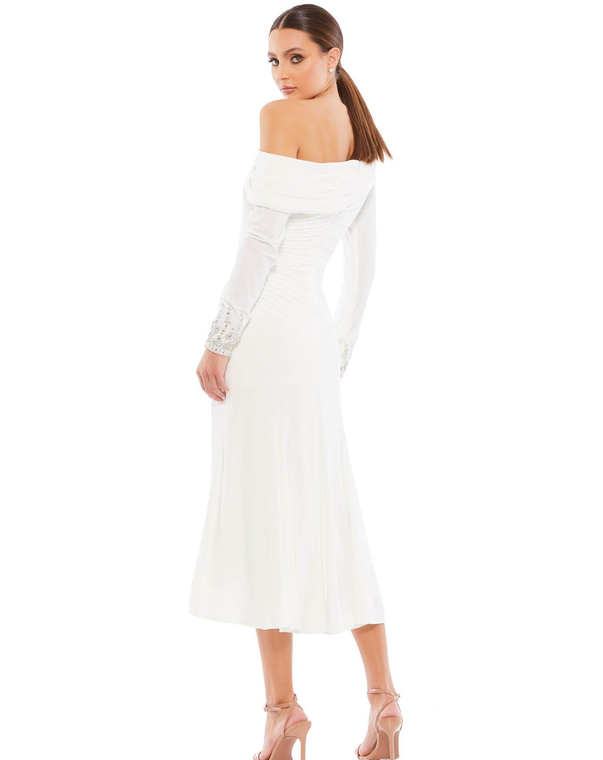 Mac Duggal Foldover Long Sleeve Jeweled Midi Dress 26485 - The Dress Outlet