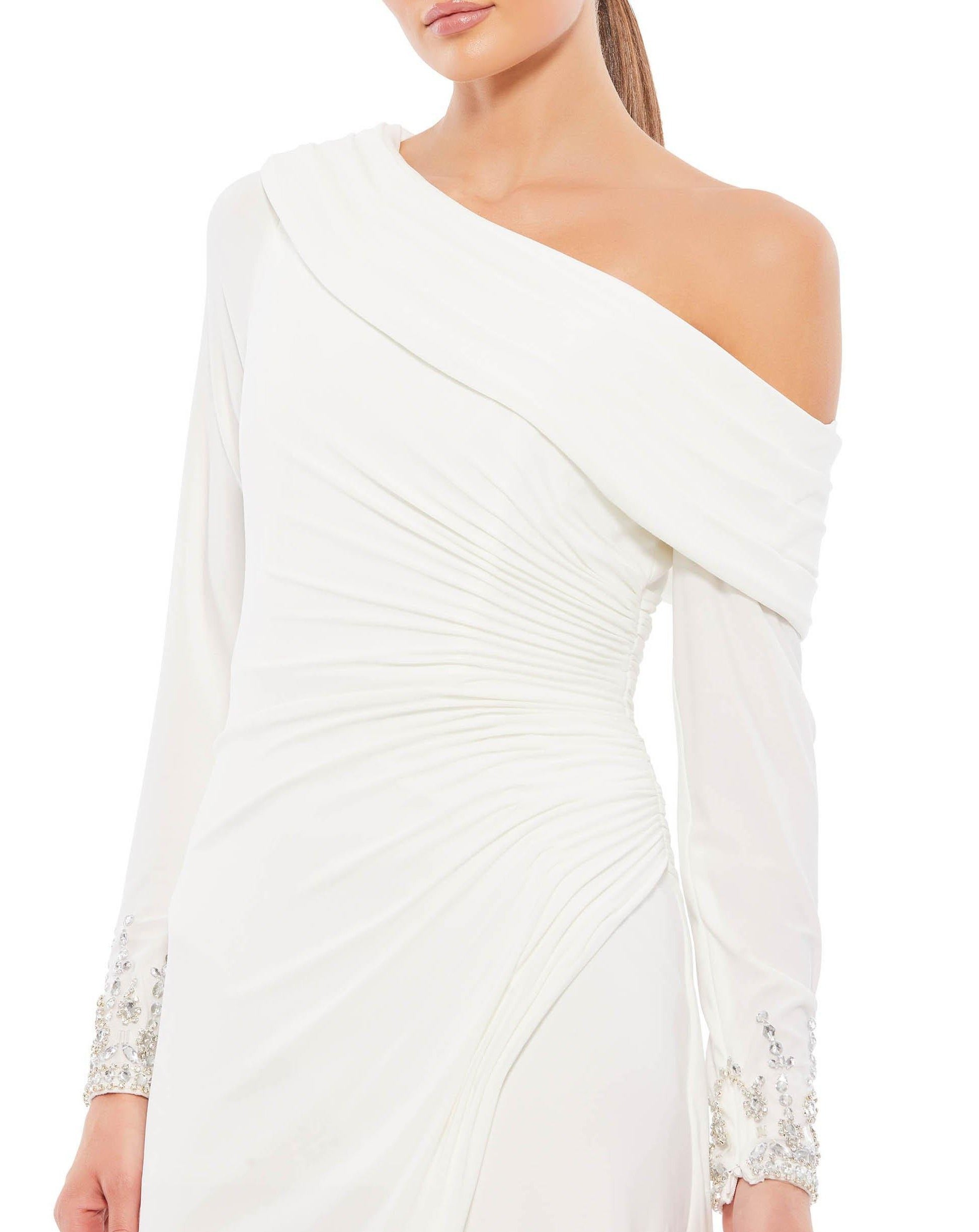 Mac Duggal Foldover Long Sleeve Jeweled Midi Dress 26485 - The Dress Outlet
