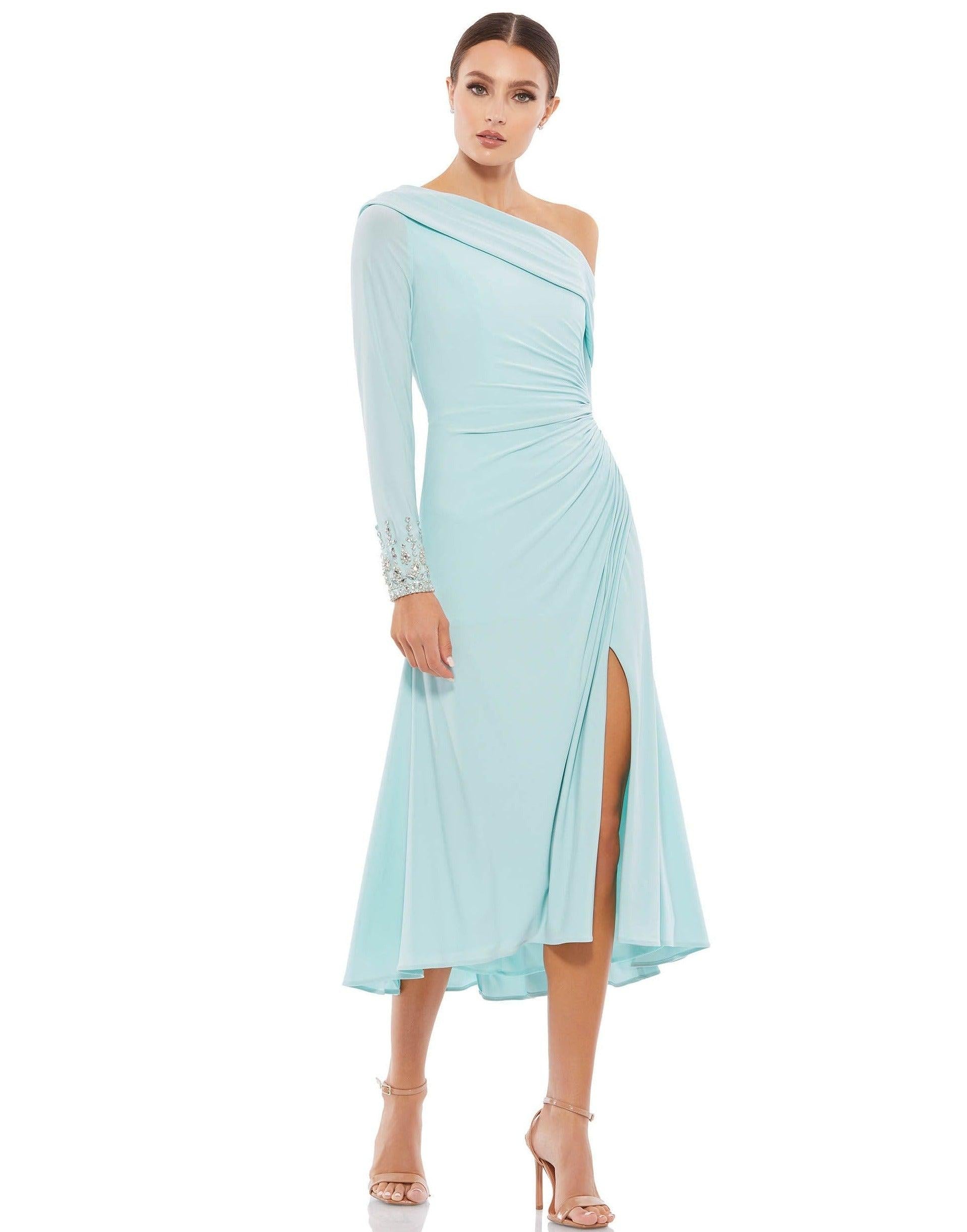 White Mac Duggal 26485 Foldover Long Sleeve Jeweled Midi Dress for $179 ...