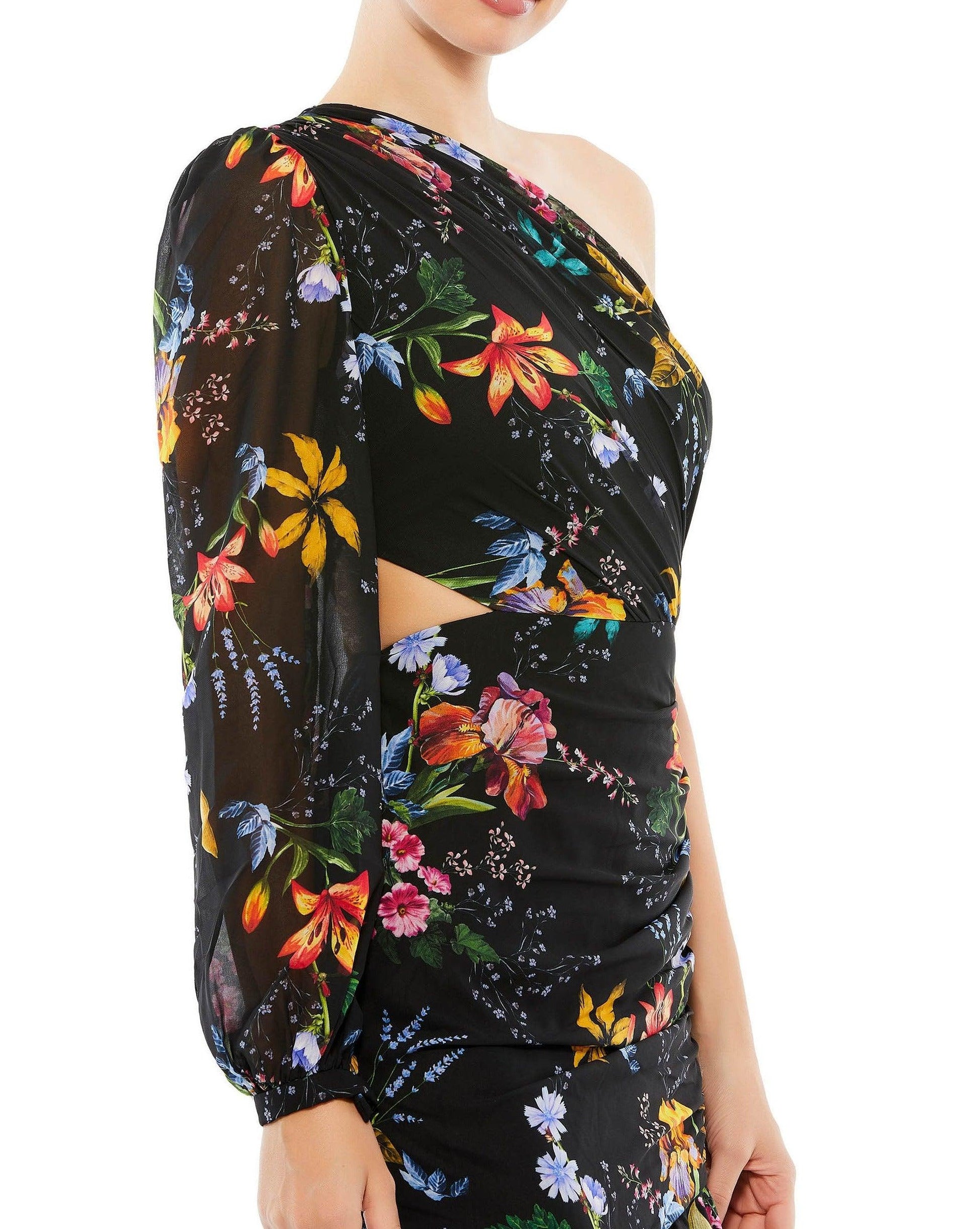 Mac Duggal 55668 High Low One Shoulder Floral Dress