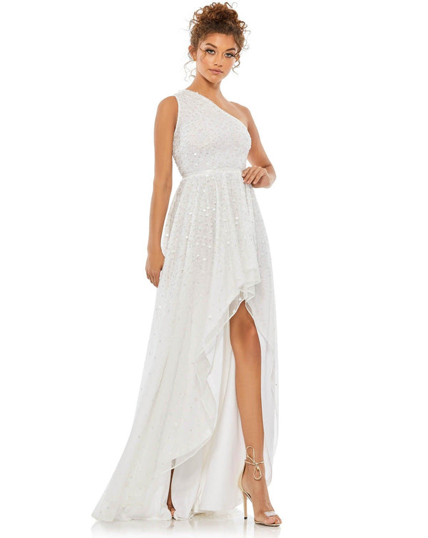 High Low One Shoulder Prom Dress High Low Detail Mac Duggal 10825
