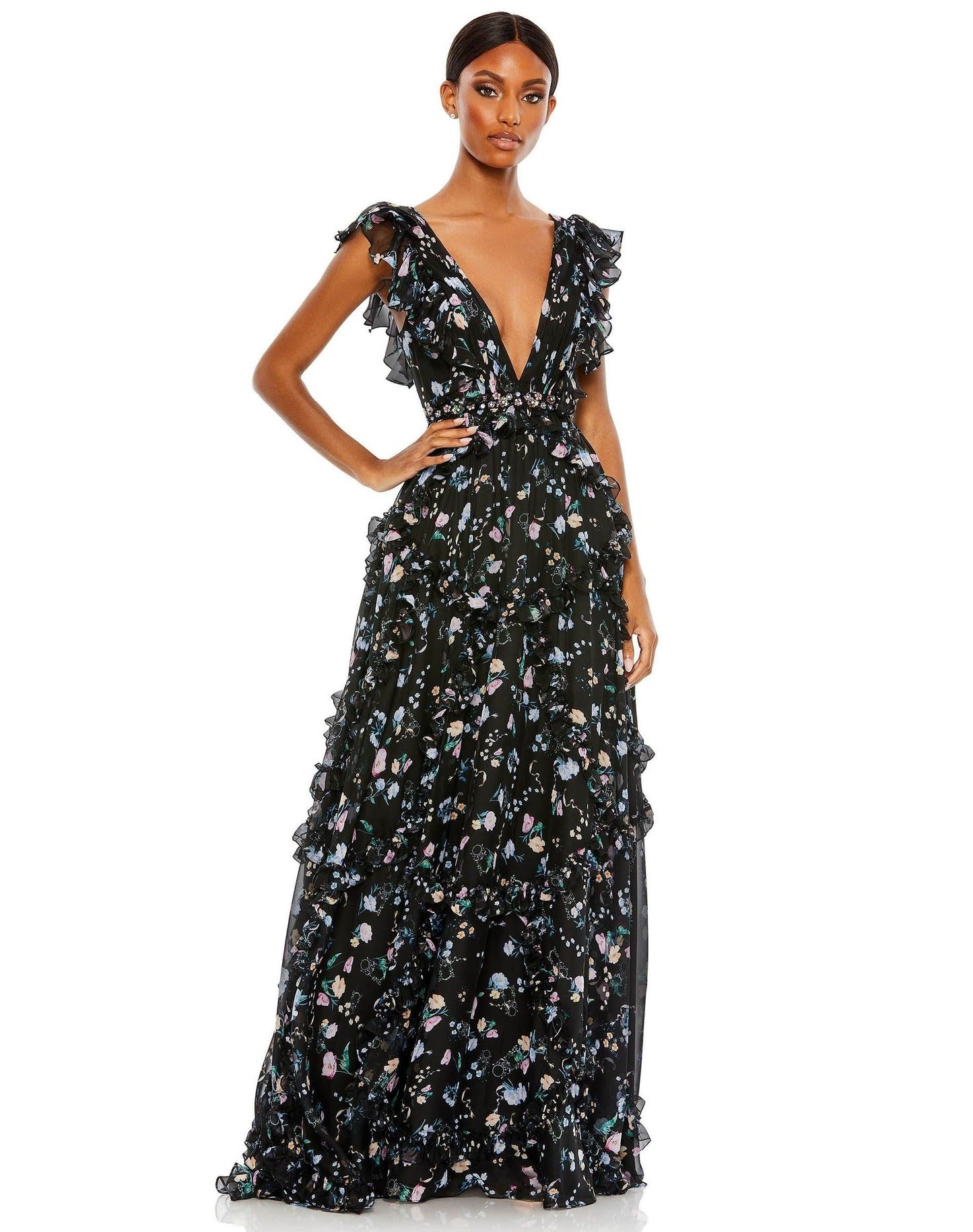 Mac Duggal Long Cap Sleeve Formal Print Gown 68090 - The Dress Outlet