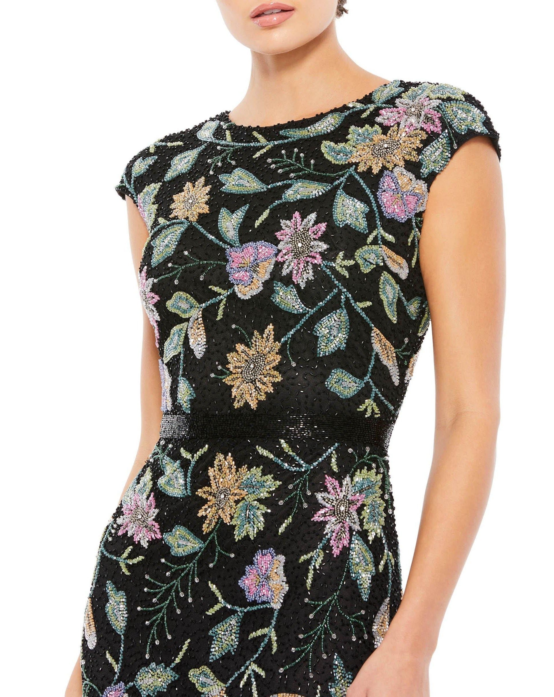 Mac Duggal Long Formal Cap Sleeve Floral Dress 5229 - The Dress Outlet