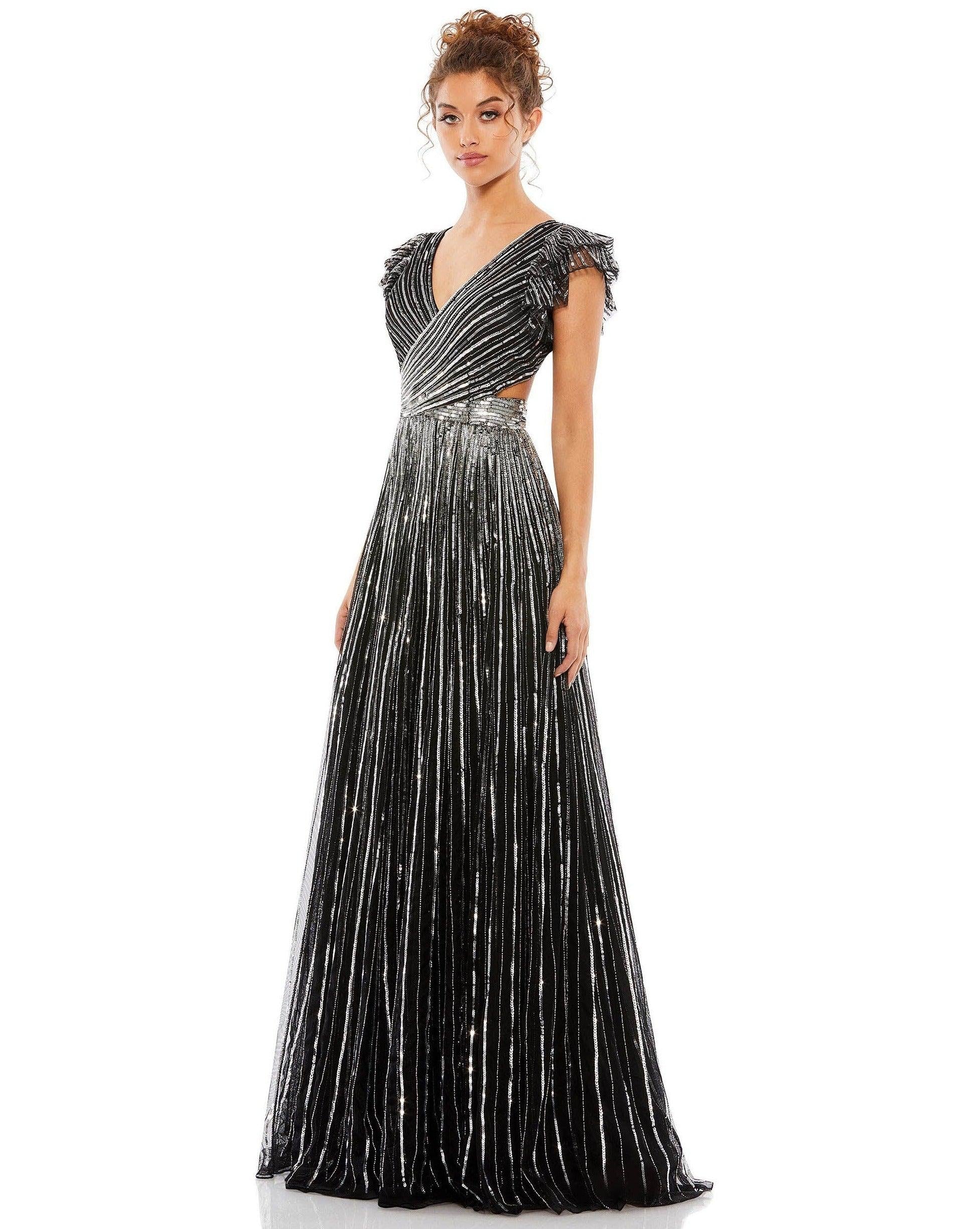 Prom Dresses Long Formal Cap Sleeve Prom Dress Black Silver