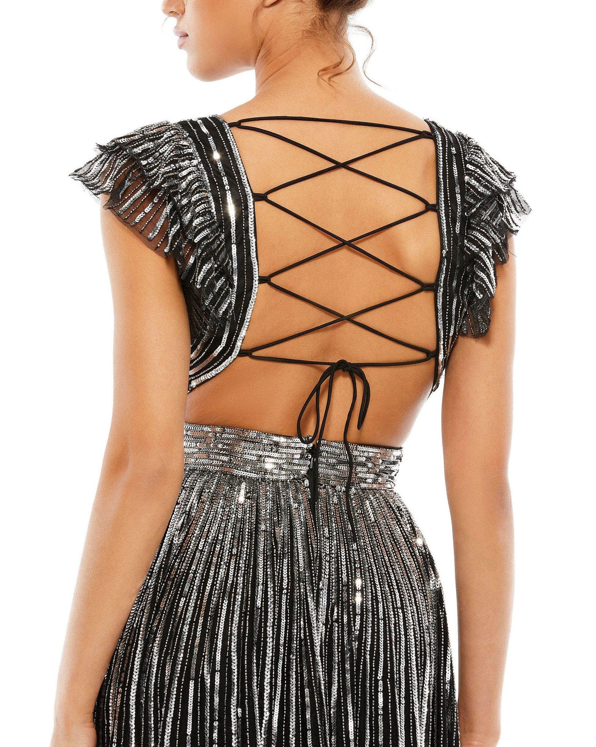 Prom Dresses Long Formal Cap Sleeve Prom Dress Black Silver