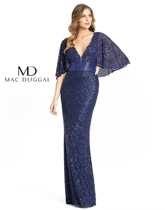 Mac Duggal Long Formal Cape Sleeve Sequined Dress - The Dress Outlet