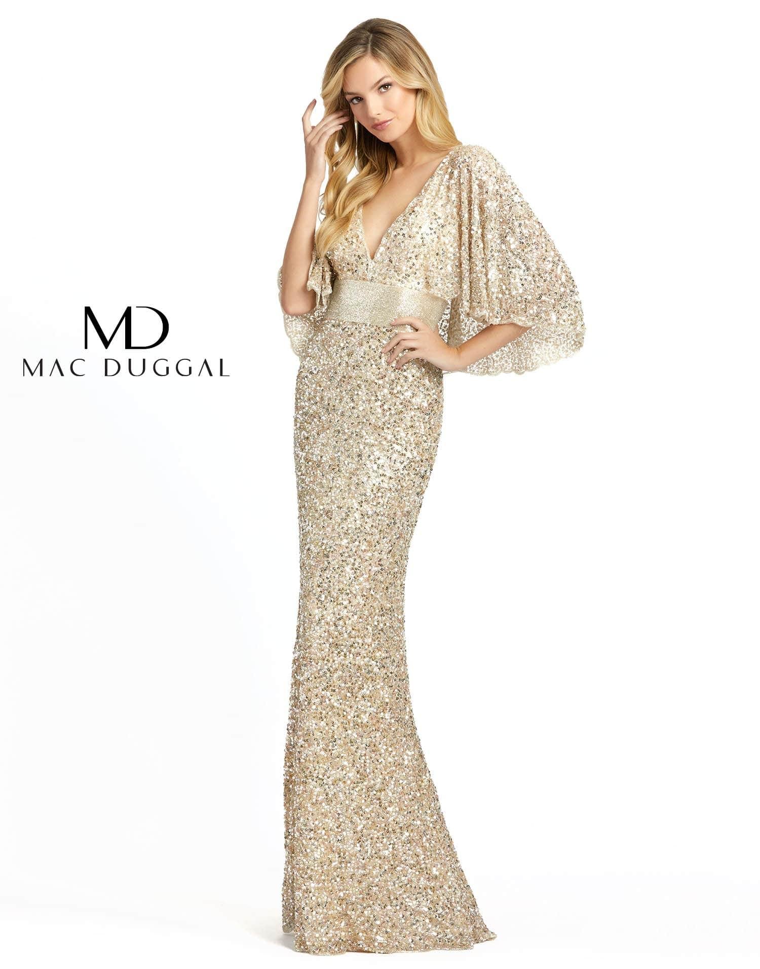 Mac Duggal Long Formal Cape Sleeve Sequined Dress - The Dress Outlet