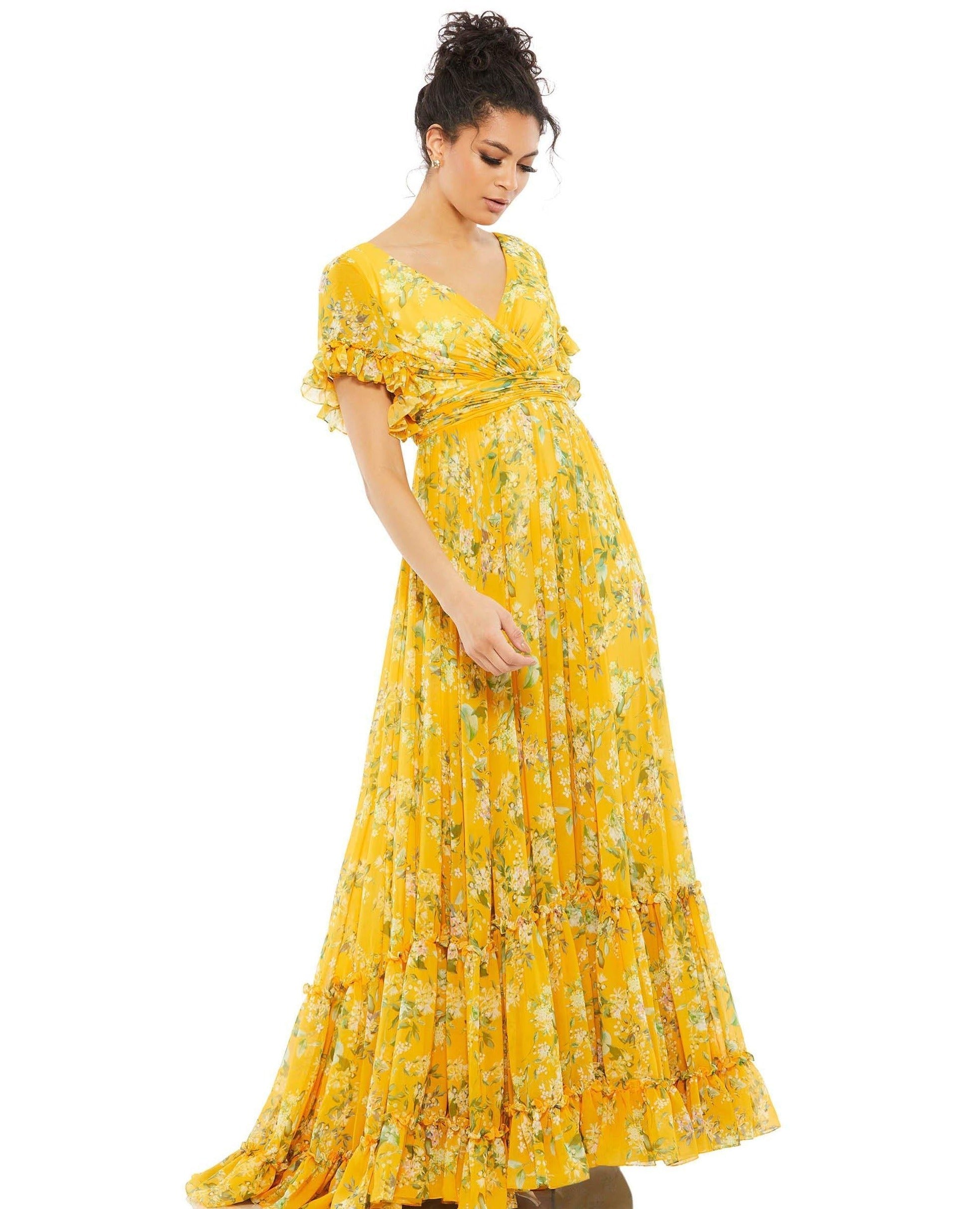 mac duggal yellow dress Women's One-Shoulder Floral Embroidered Gown - Powder Blue Multi beading traditions of his native India Mac Duggal 67933 Long Formal