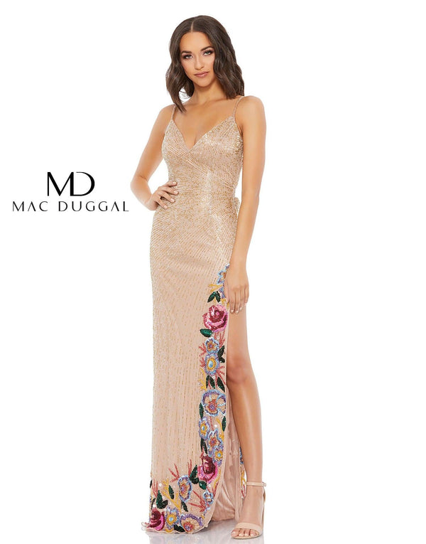 Long Formal Floral Slit Beaded Gown Floral Detail Mac Duggal 5238