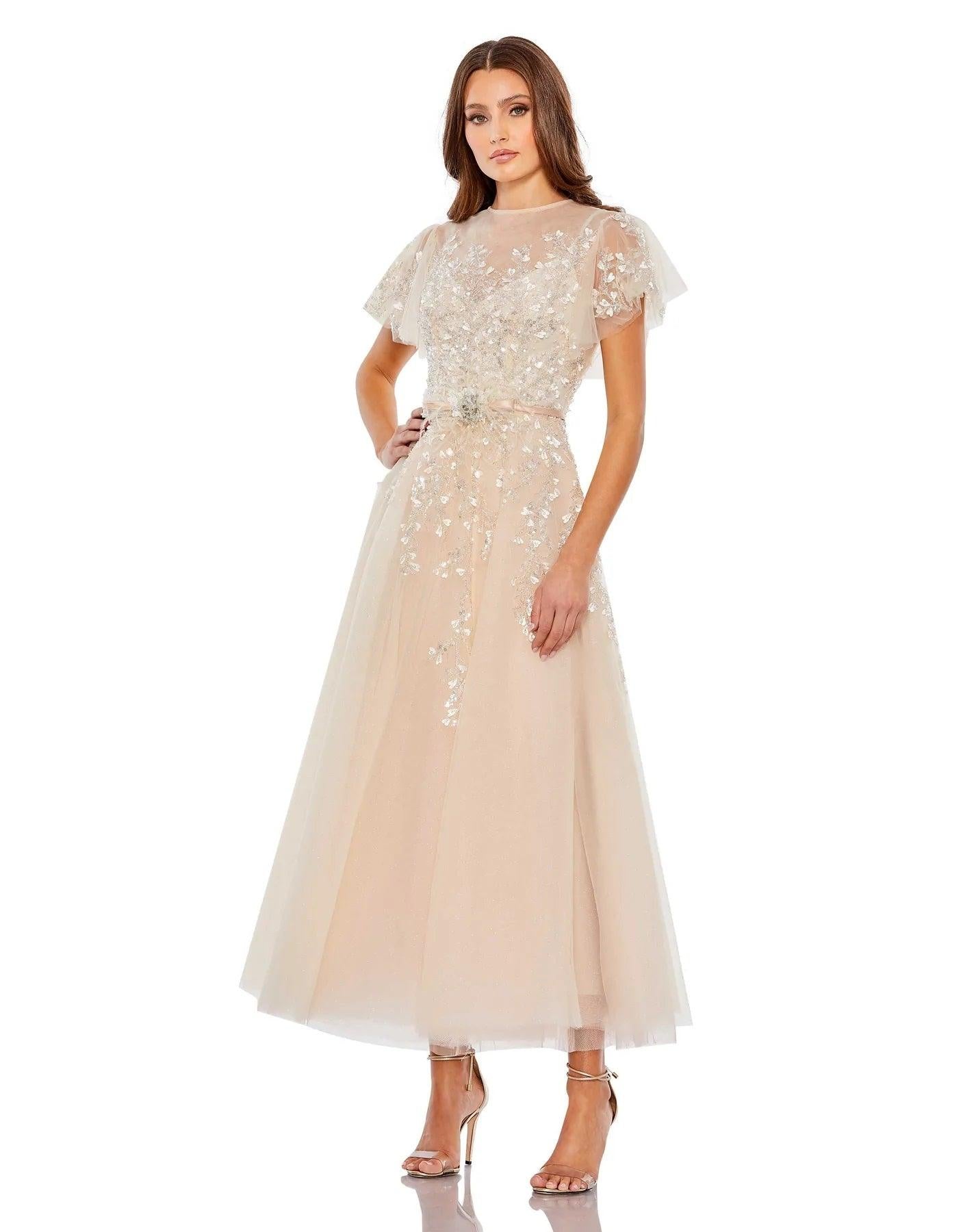 Mac Duggal Embellished Flutter Sleeve Bow Waist A-Line Dress, 16 / Nude Mac Duggal Embellished Flutter Sleeve Bow Waist A-Line Dress, 16 / Nude