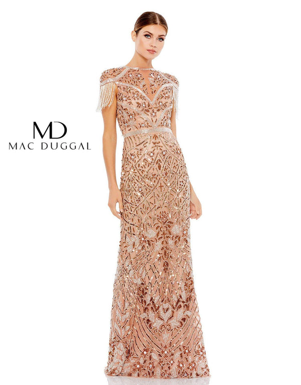 Long Formal Fringe Cap Sleeve Gown Fringe Detail Mac Duggal 5452
