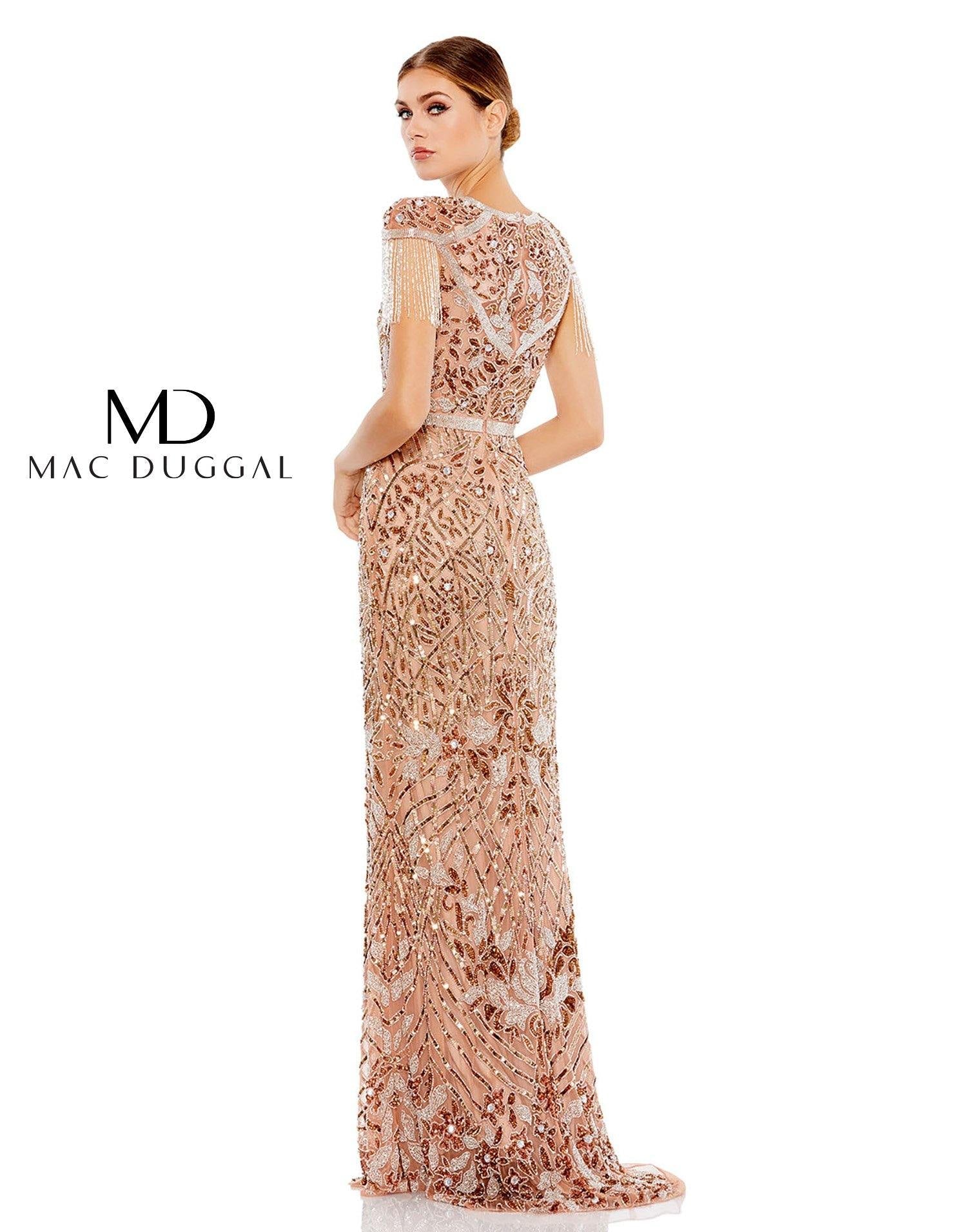Mac Duggal 5452 Long Formal Fringe Cap Sleeve Gown