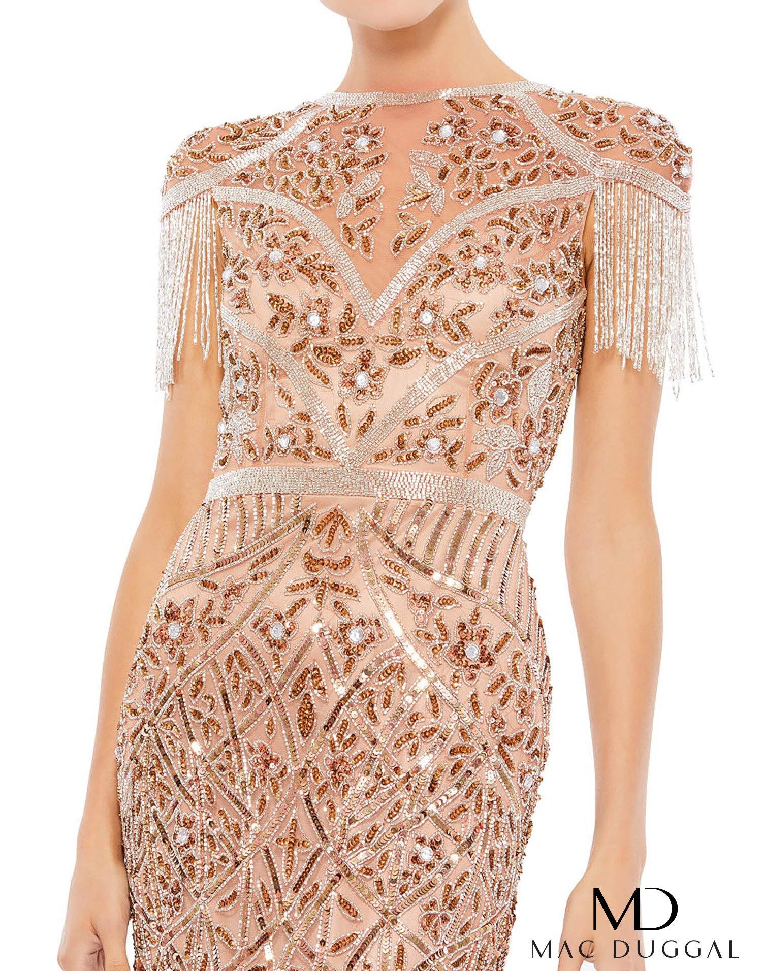 Mac Duggal 5452 Long Formal Fringe Cap Sleeve Gown