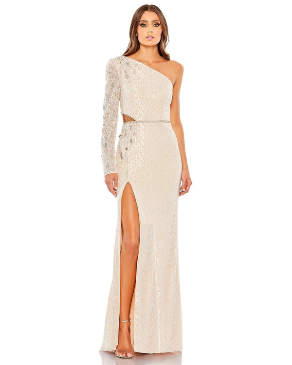 Long Formal One Shoulder Lace Gown Lace Detail Mac Duggal 11306