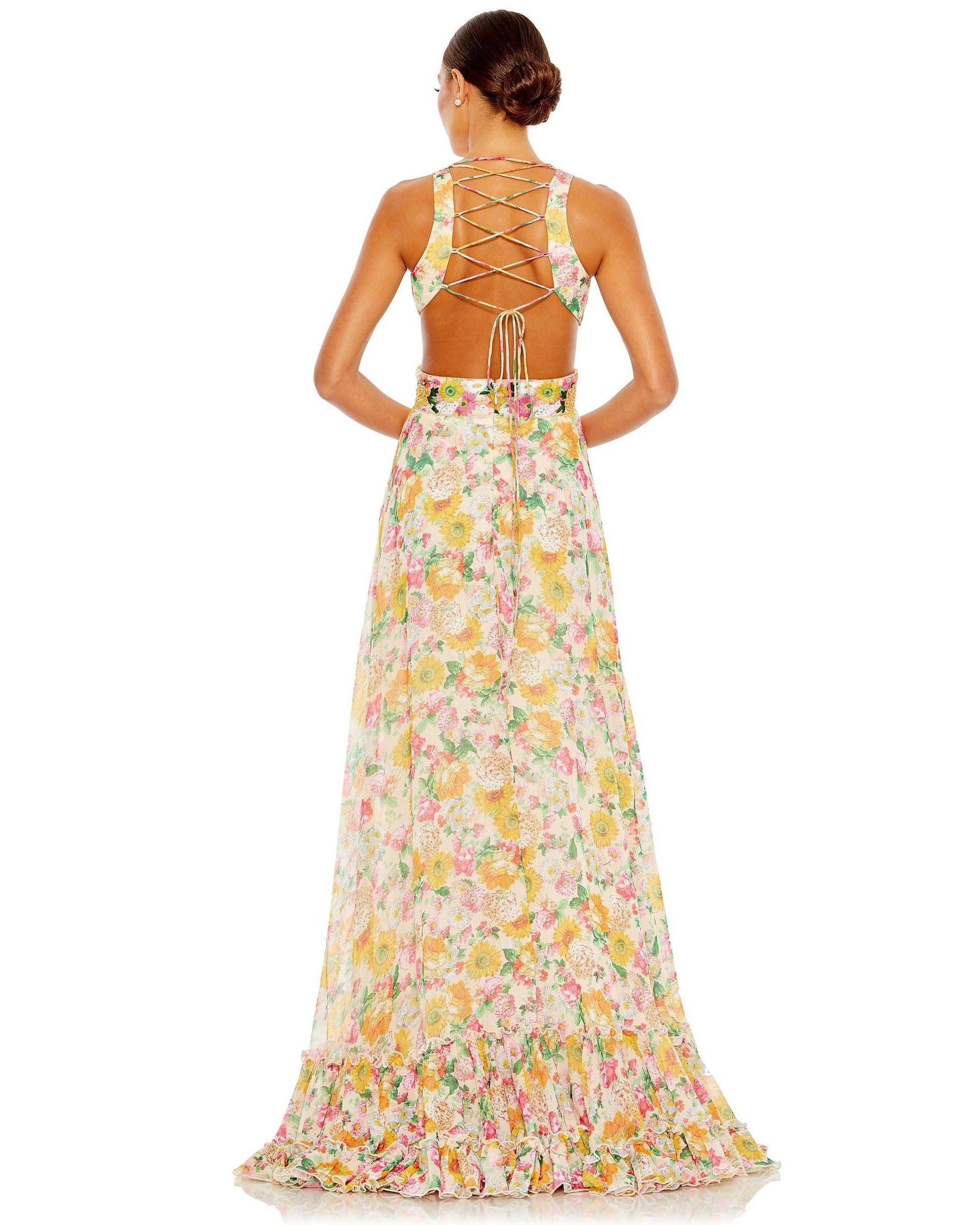 Mac Duggal 9174 Long Formal Print Chiffon Prom Gown