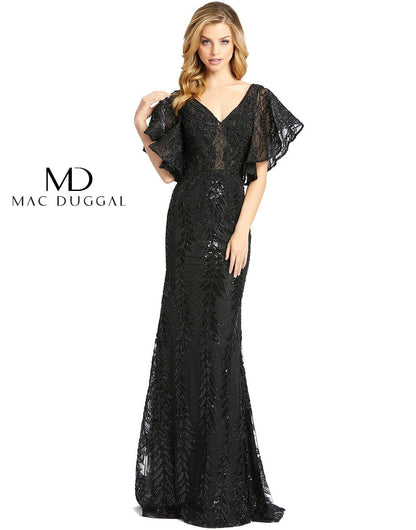 Mac Duggal Long Formal Short Sleeve Lace Dress - The Dress Outlet