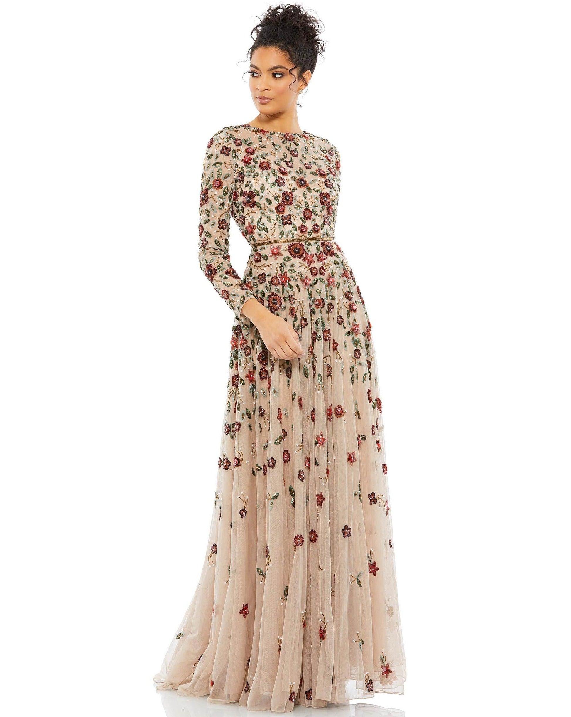 Navy Embellished High Neck Long Sleeve A Line Gown