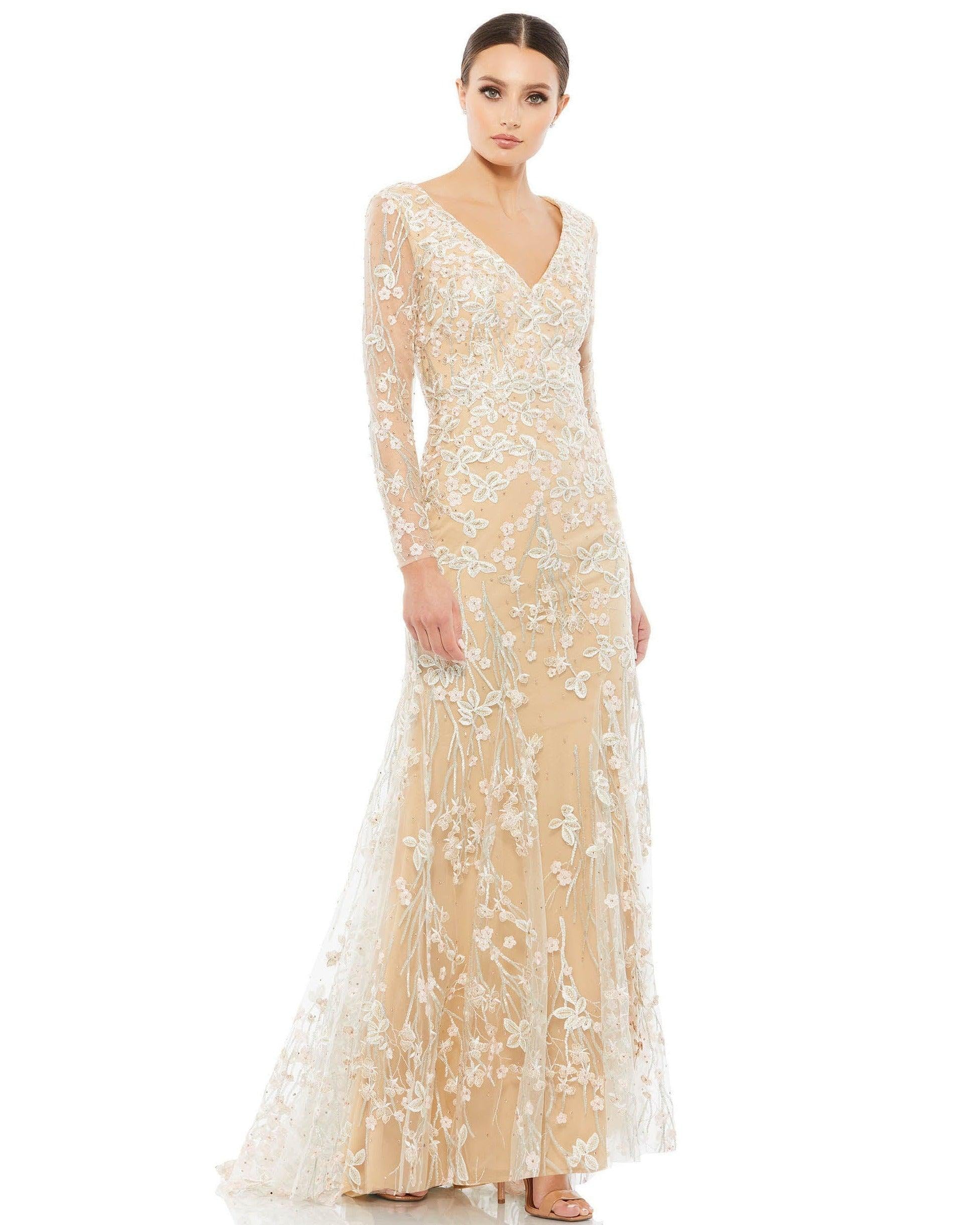 mac duggal ivory dress Ivory Strapless Embellished Column Gown With 3D Petals